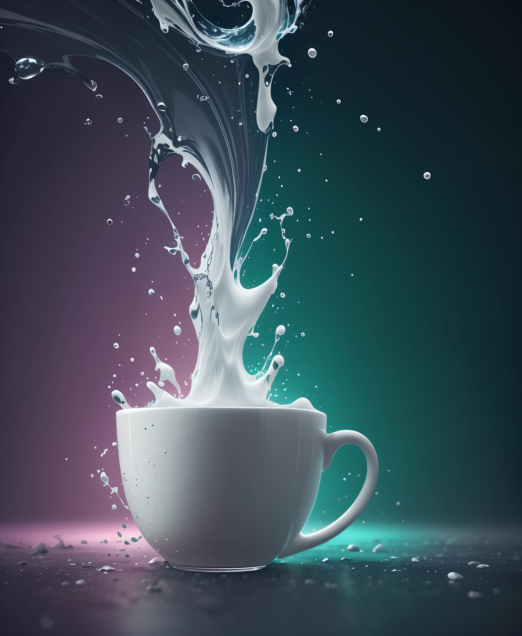 Splash art, milk of cup , realistic, colorful, fantasy, concept art, hyper details, unreal engine, 8k, resolution, heavy strokes, neon ambiance, studio photo, rule of thirds composition, intricately detailed, complementary colors, swirling, dripping, melting, octane render --auto --s2
