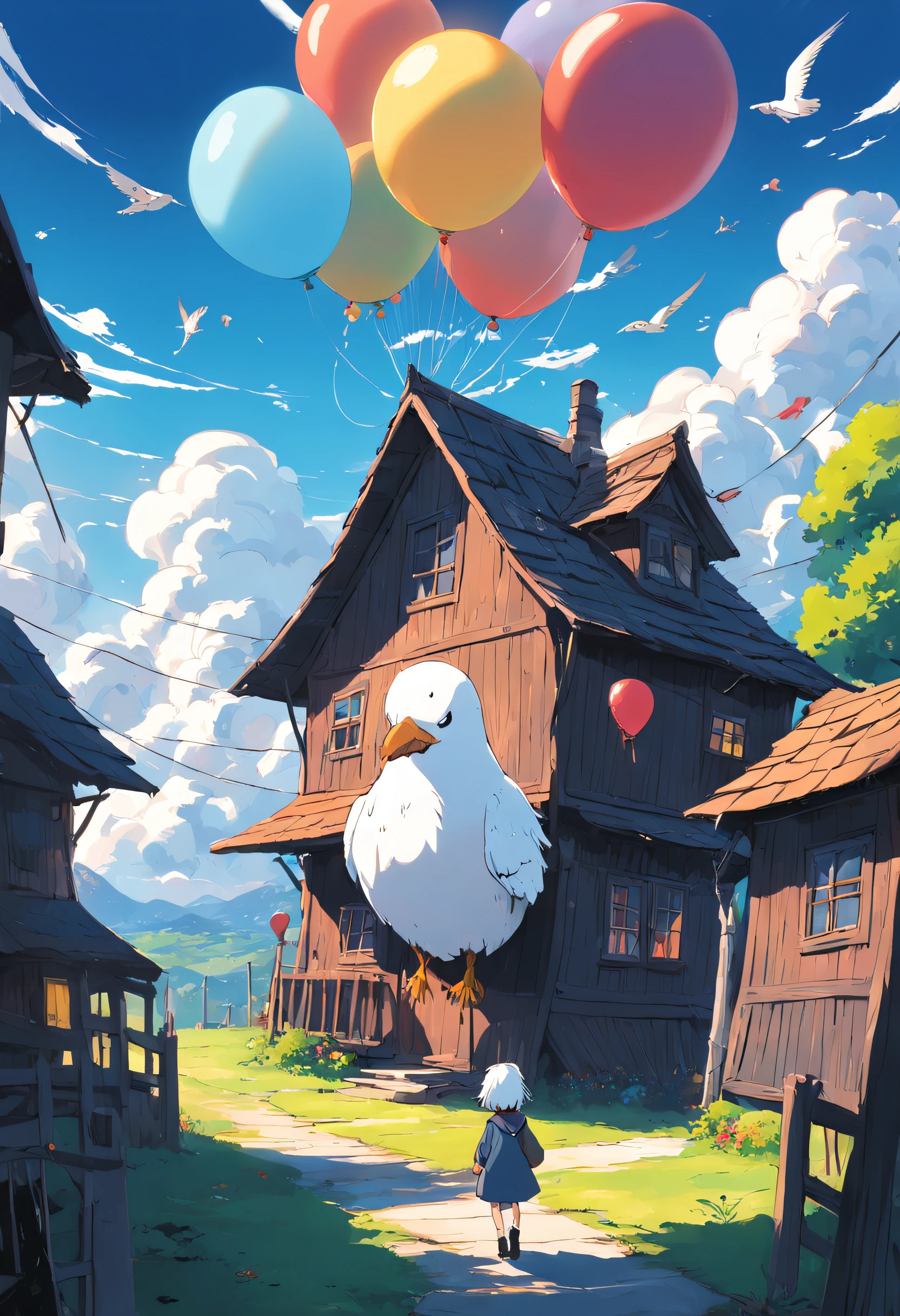 The big white bird carries the small house，Fly in the air，The little house was full of balloons，In front of the window of the small house, A child poked his head out，Look out，Howl's moving castle style，Extremely colorful，Bright shades