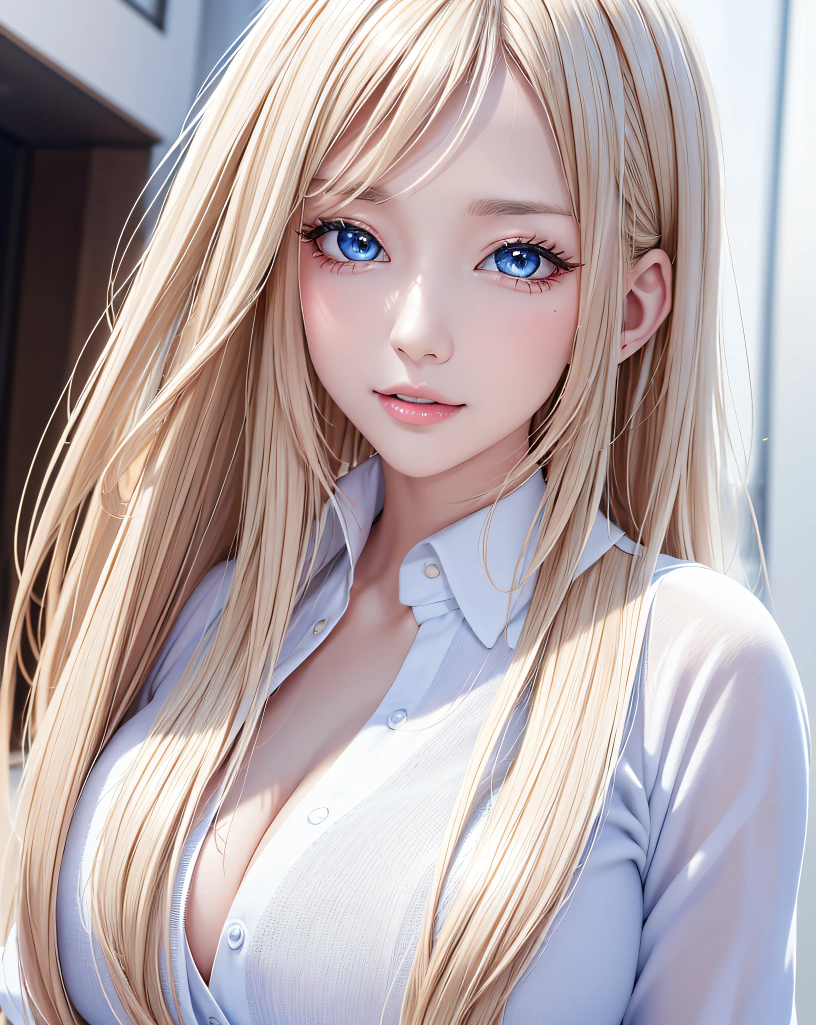 portrait, school Uniforms, bright expression, shiny white shiny skin, Best Looks, ultimate beauty girl, Platinum blonde hair with dazzling highlights, shiny light hair, silky straight hair, Beautiful bangs that shine, Glowing crystal clear attractive blue eyes, Very beautiful nice cute, Lush bust