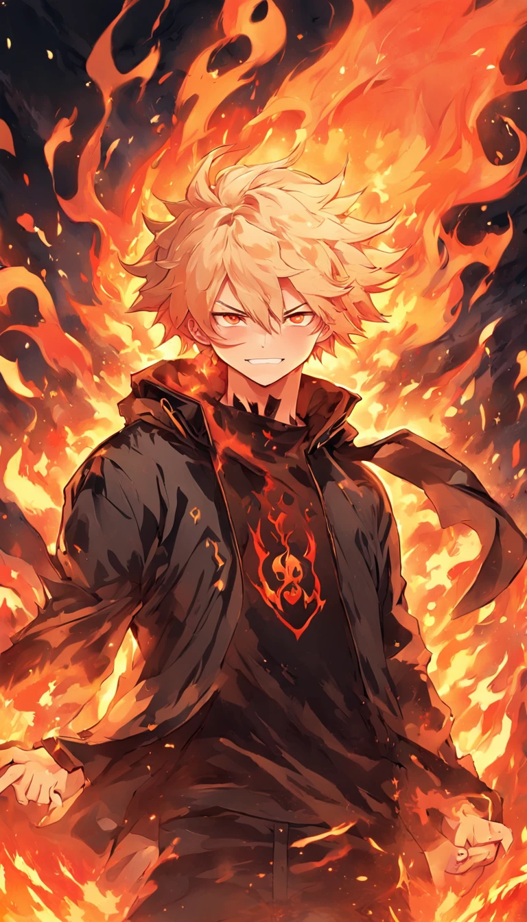 a gold-haired, red-eyed man with a beard and a head of fire and a black jacket, engulfed in turbulent flames, fire behind him, detailed digital anime art, Nagito Komaeda, engulfed by flames, holy flame spell, handsome guy in demon slayer art, flaming hair, by Yang J, flaming wreath, completely composed of fire, hair made of fire