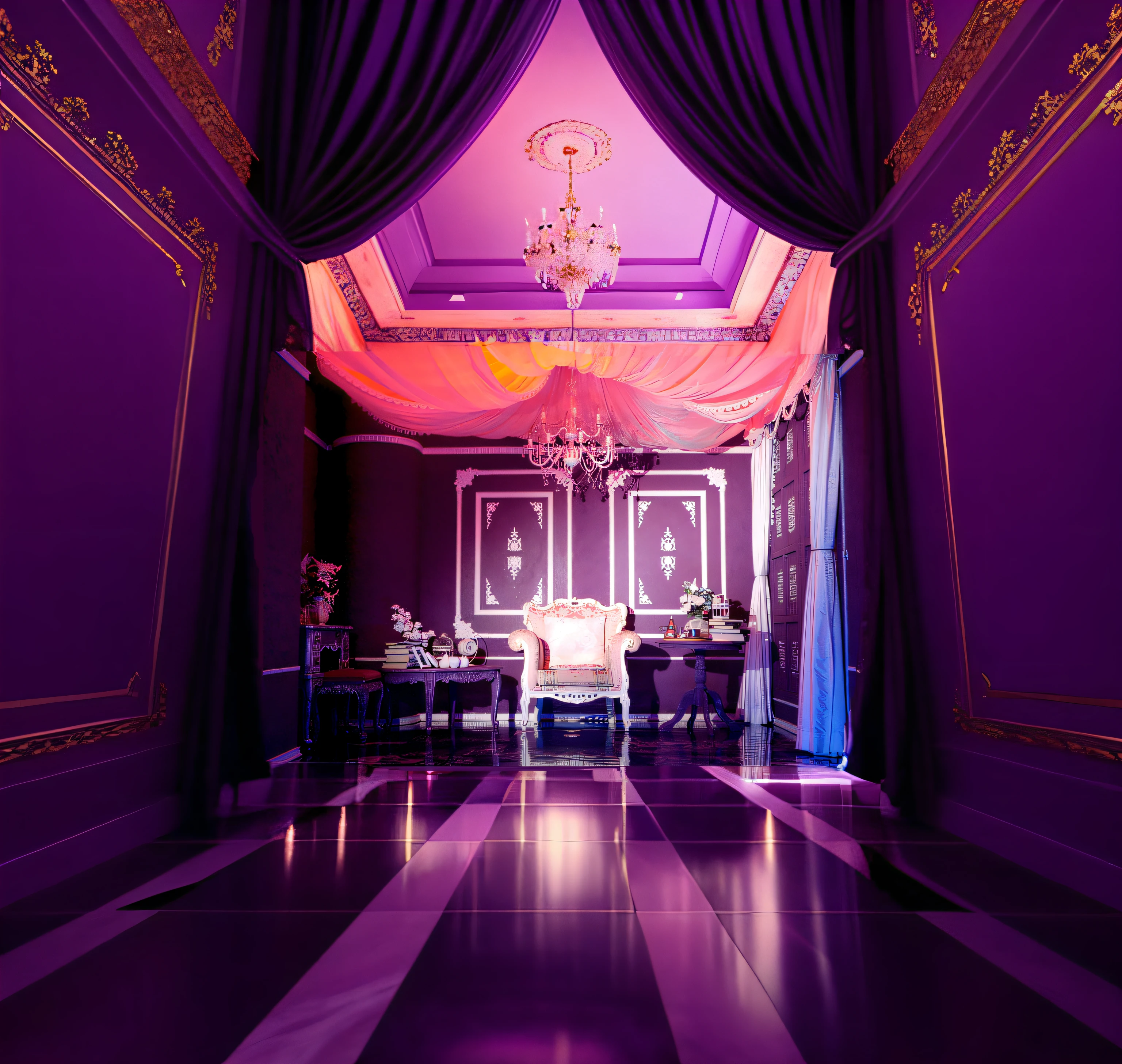 Content-based fill, Brightly lit purple room, Tiled room Marble room, Baroque painting background, high-end, high-end, Trend Vaporwave Mansion, Purple aesthetics, Luxurious Rococo Baroque style, masutepiece, high-end, A luxurious setting, wonderful masterpiece,