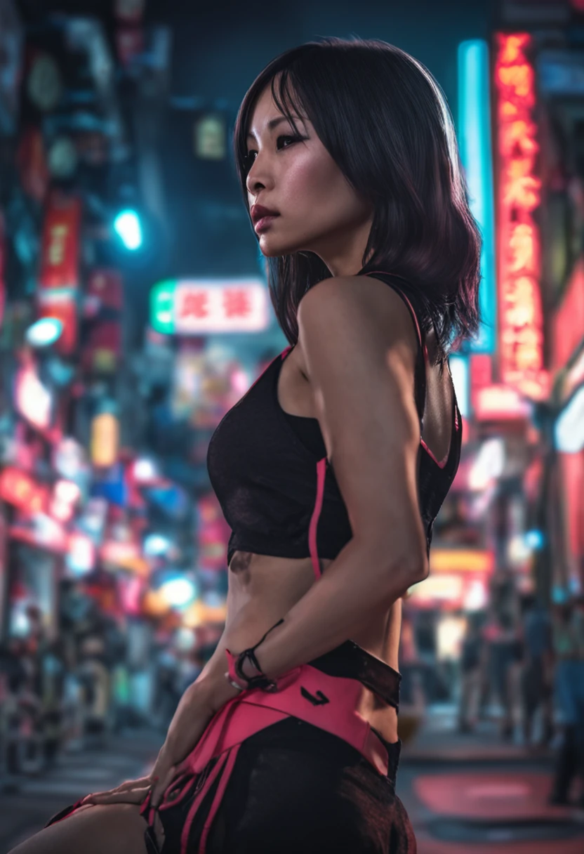 8k Beautiful Asian Woman, big tits, walking on the Tokyo city with a Neon Colors behind