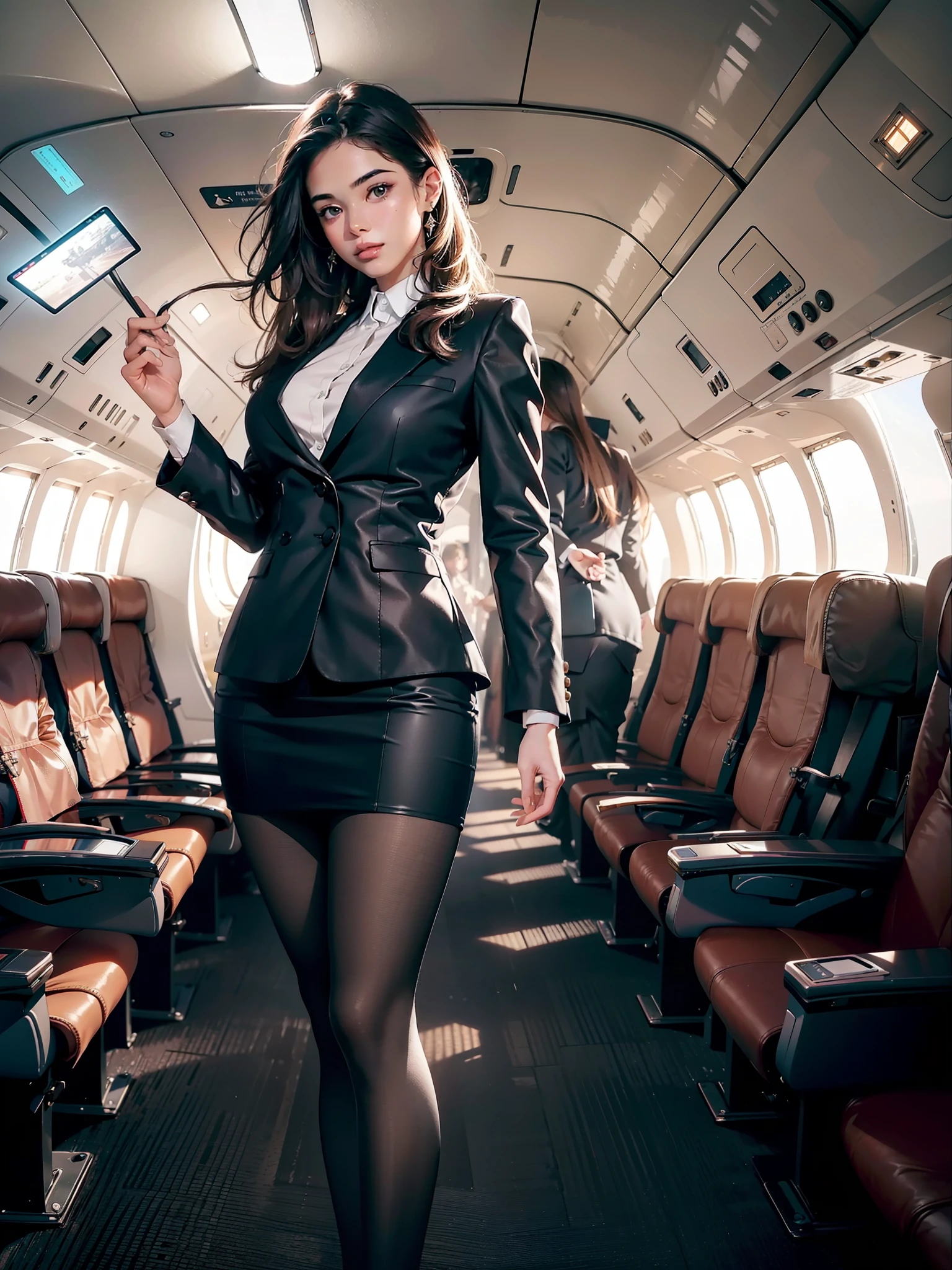 best quality, masterpiece, 8k, ultra high res, (photorealistic:1.4), highly detailed, intricate detail, delicate and beautiful, good lighting, professional lighting, sharp focus, detailed shadows, exquisite details and textures, depth of field, unity 8k wallpaper, cinematic composition, cinematic lighting, official art, Cabin Crew, flight attendant, black pantyhose, (aircraft, (Aircraft Corridor), Aircraft seats) beautiful elegant face, detailed face, detailed eyes, realistic hair, long hair, (1girl), (standing:1.3),