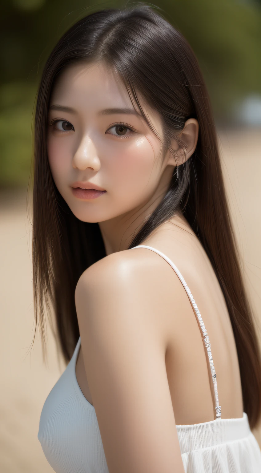 One woman on seaside sandy beach、squatting、Longhaire、Eyes closed、Wearing a white dress、look from above、close up of face、evening glow、(masterpiece、top-quality) 、For clear images、Strong sunshine、absolutely outstanding image, very extremely beautiful、masterpiece, top-quality,a picture, kawaii、(Colossal tits:1.2)、((20 year old woman:1.2))、(The skin is reddened:1.ung adorable Japan face, dewy skin, close up of face,Soft portrait shots,8k,Japan girl realistic young idol、Young cute gravure idol、Young Sensual Gravure Idol、Young gravure idols、model in Japan