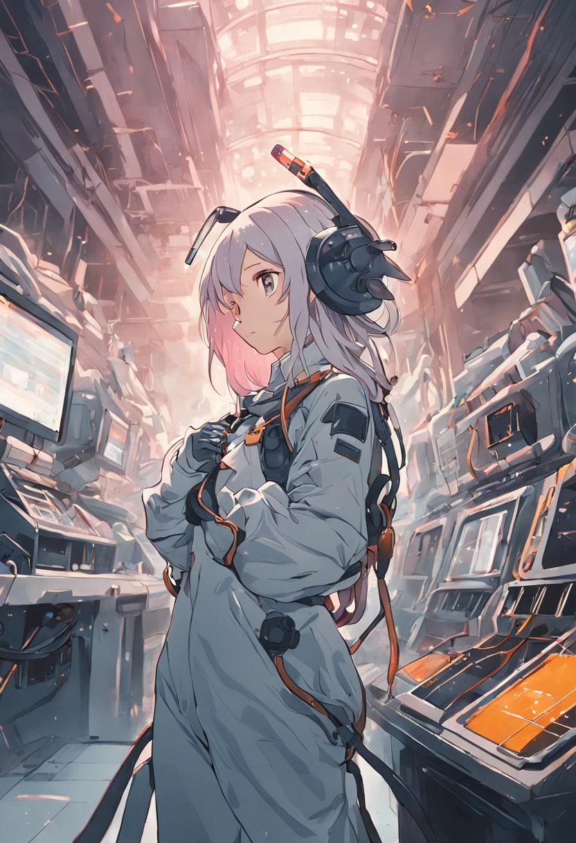 One with a dust cap,Woman in electrostatic suit, Work on the assembly line of an electronics factory