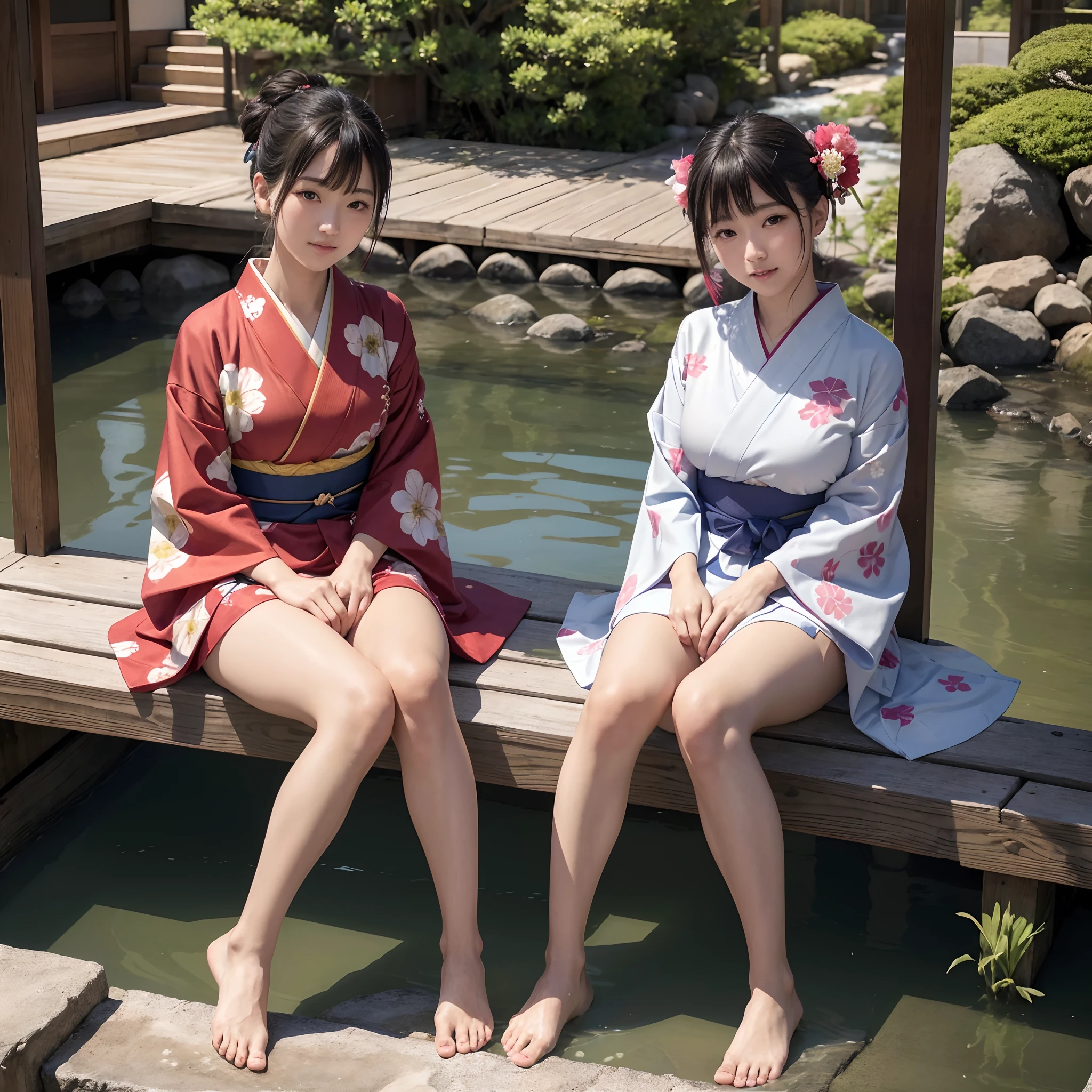 (in 8K、RAW Photos、top-quality、masterpiece:1.2)、(realisitic、Photorealsitic:1.37)、ultra-detailliert、超A high resolution、(((Beautiful Japan woman sitting on the porch and playing comfortably with her feet on the water of the creek)))、a smile、woman wearing the kimono、classy yukata clothing、Wearing a colorful yukata、Wearing a kimono、japanese kimono、wearing a haori、Yukata with morning glory pattern、bare-legged、Bare legged、Ancient Minjia、mosquito coil、watermelons、shave ice、dynamic ungle、动态照明