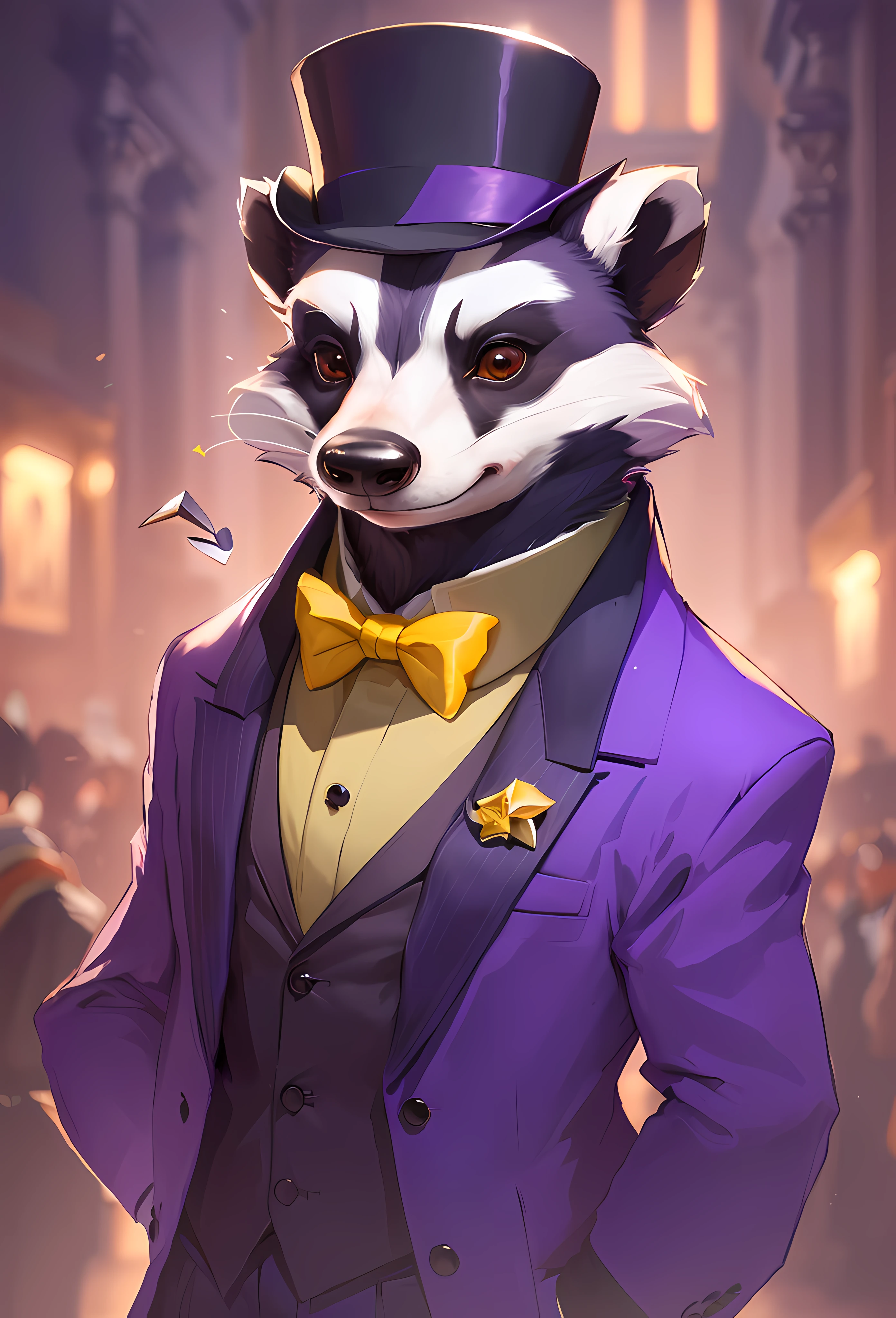 There's a cartoon badger dressed in a purple suit and a top hat, fotorrealista, 8k, ultra-realista, detalhes realista,um guaxinim vestindo roupas formais, anthropomorphic badger, anthropomorphic racoon, bonito weasel fursona retrato, texugo peludo, inspirado por Joseph Badger, arte do antro, anthropomorphic furry art, Retrato de personagem peludo, Arte Fursona, Retrato de antro da obra-prima,