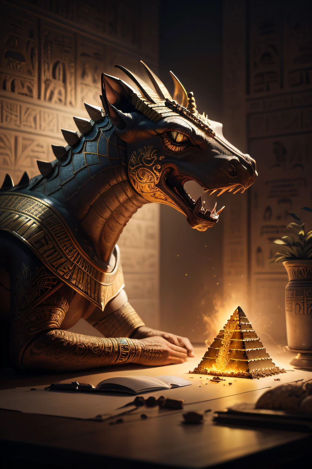biomachine:1.3, (Egyptian Ammit:1.2), (colorido:1.2), dourado, ouro, Hans Giger, (zentangle:1.2), granulado, extremamente detalhado, detalhes intrincados, dynamic lighting, fotorrealista, luz natural, baixo h, obra prima, detalhado 8k