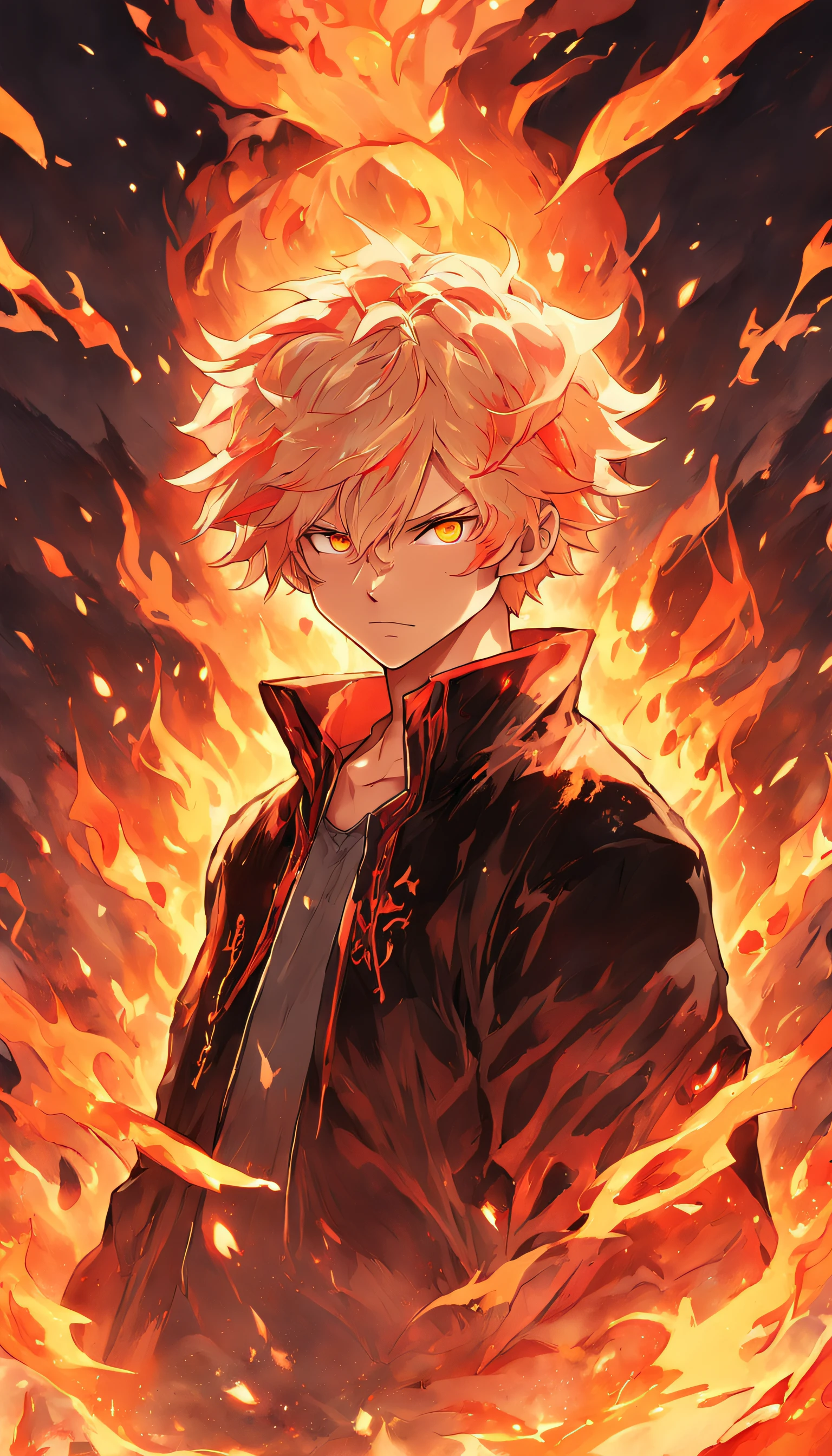 a gold-haired, red-eyed man with a head of fire and a black jacket, engulfed in turbulent flames, fire behind him, detailed digital anime art, Nagito Komaeda, engulfed by flames, holy flame spell, handsome guy in demon slayer art, flaming hair, by Yang J, flaming wreath, completely composed of fire, hair made of fire
