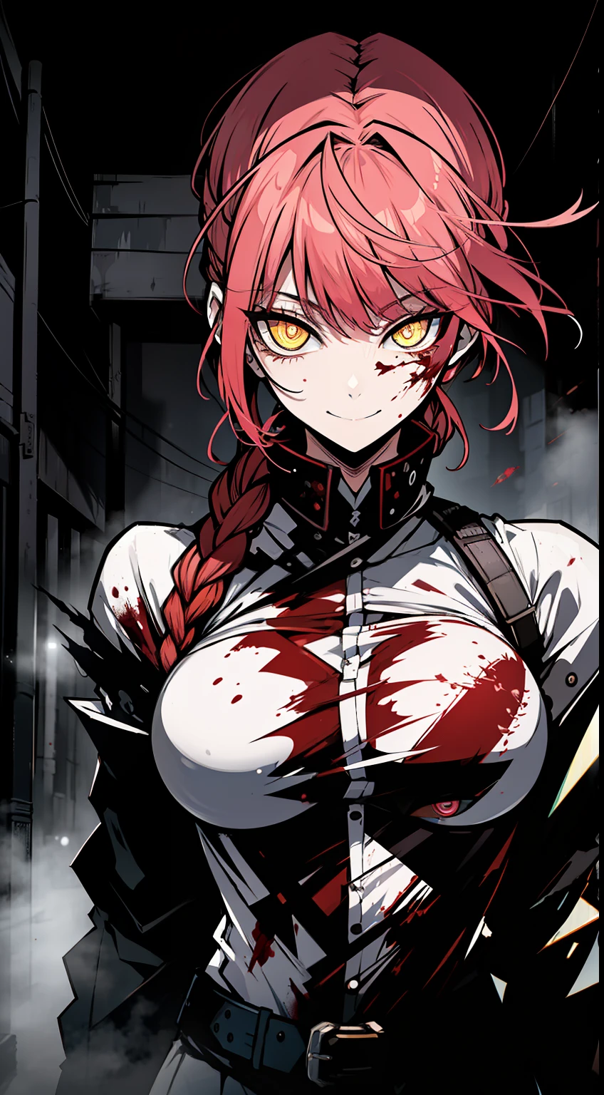 linert, masterpiece, gorgeous, best quality, highres, 1girl, ((solo)), colorfull, red_haired, dangerous,vivid eyes,yellow eyes, alone, white shirt, mesmering eyes, bangs, hair braid, smilling, scary smile, madness, ((blood, colorful, ink)) BREAK intimate, long braid, digital art, high details, modern, intricate, perfect face, traced lights, scary, (sensual), misteryous, blood, BREAK (makima \(chainsaw man\), backlight, glowing eyes, artistic, wallpaper, black tie ,neon, fog, BREAK superior, braid, absurdes, makima \(chainsaw man\),, crazy smile,>, HyperStylizeV6, alley