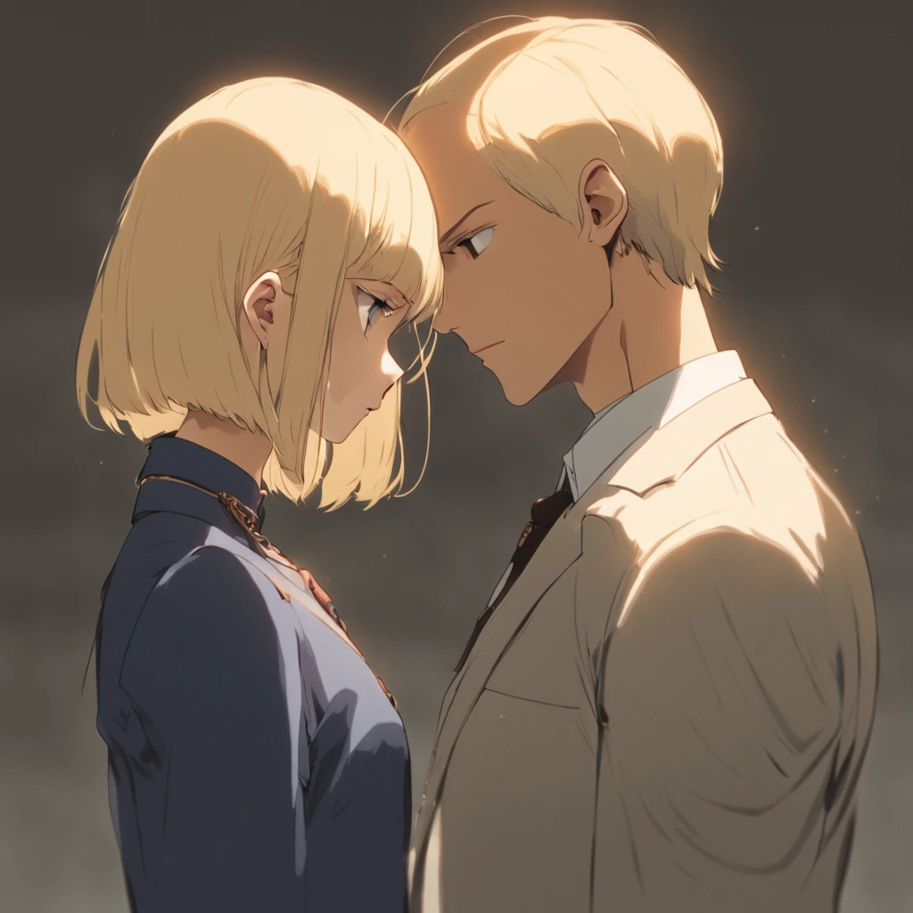 A girl of about 6 years old with blonde hair and blue eyes is hugged by an old man. He surrounds her with his arms and in the center between his hands he has a cross.. The characters are the protagonists Cosette and Jean Valjean from the book Les Misérables
