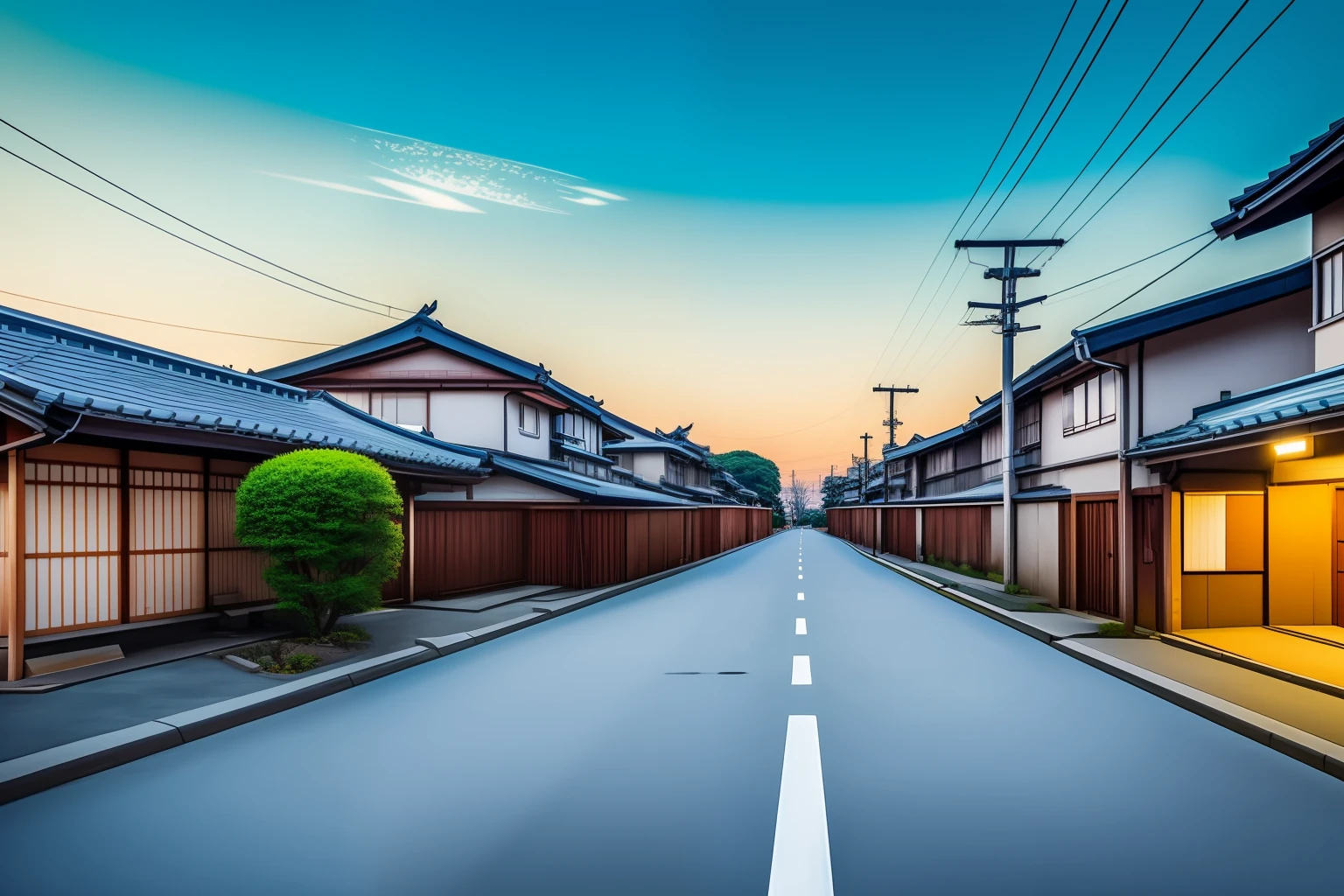 Novel game style background　School route　Residential area of Japan　No people　nigh sky