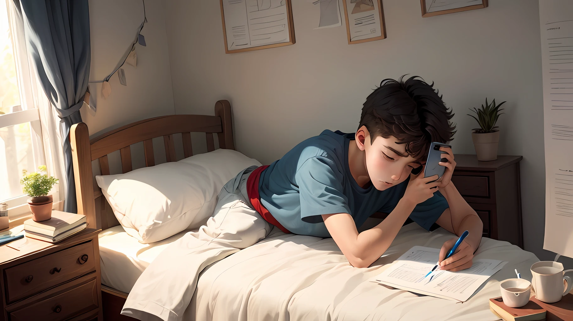 A boy lies in bed,Looking at the ceiling,Hold the phone in your right hand,In the upper left corner are homework and pens