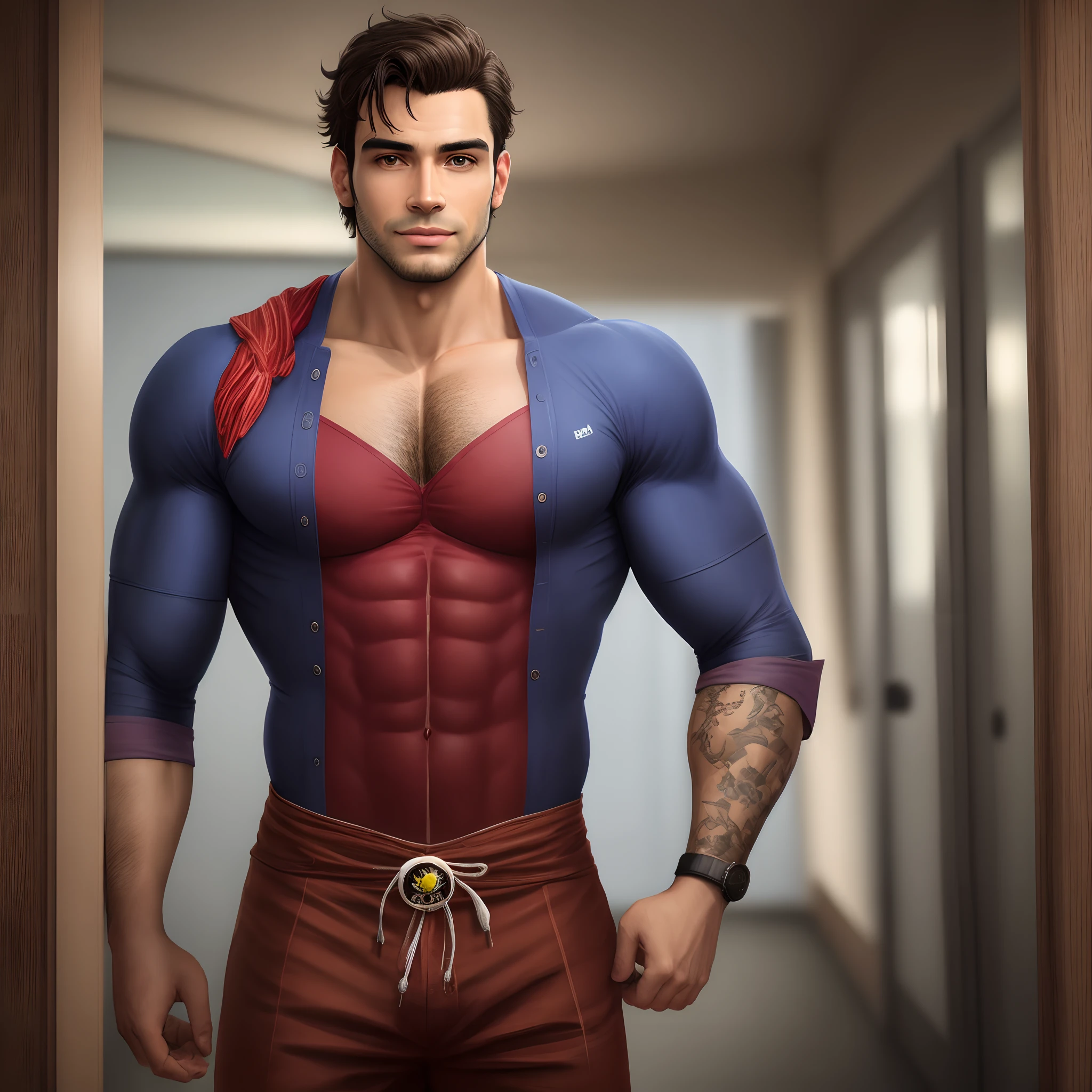 Roy Mustang from Full Metal Alchemist in his bedroom, smug smile, modeling, wearing tight swimwear showing the leg muscles, bodybuilder, bara, handsome, big legs, defined body, topless, shirtless, abs