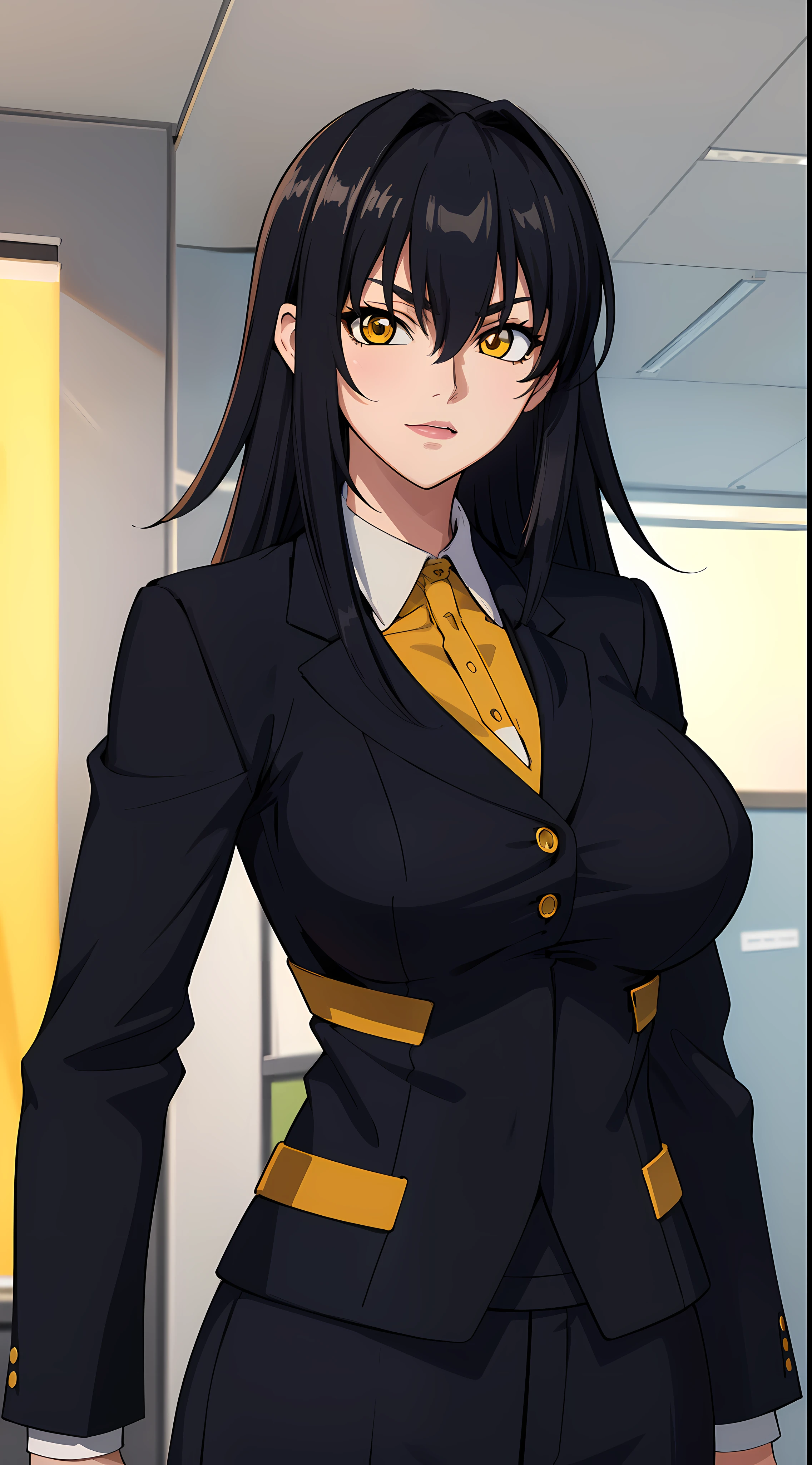 professional artwork, Intricate Details, field of view, sharp focus, detailed painting, photorealistic lighting, trending on pixiv,(masterpiece:1.0),(best_quality:1.0), ultra high res, ultra-detailed, photography, 8K, HDR, highres, absurdres:1.2, Kodak portra 400, film grain, sharp focus, bokeh:1.2, lens flare, (vibrant_color:1.2), (((indoors, dark night district))), Annerose, 1girl, female mature, ((long hair, black hair:1.4)), (yellow eyes), large breasts, ((formal clothes, office suit:1.4)), soft skin, hair intakes, (solo:1.4), (upper body, half body shot), confident, energetic
