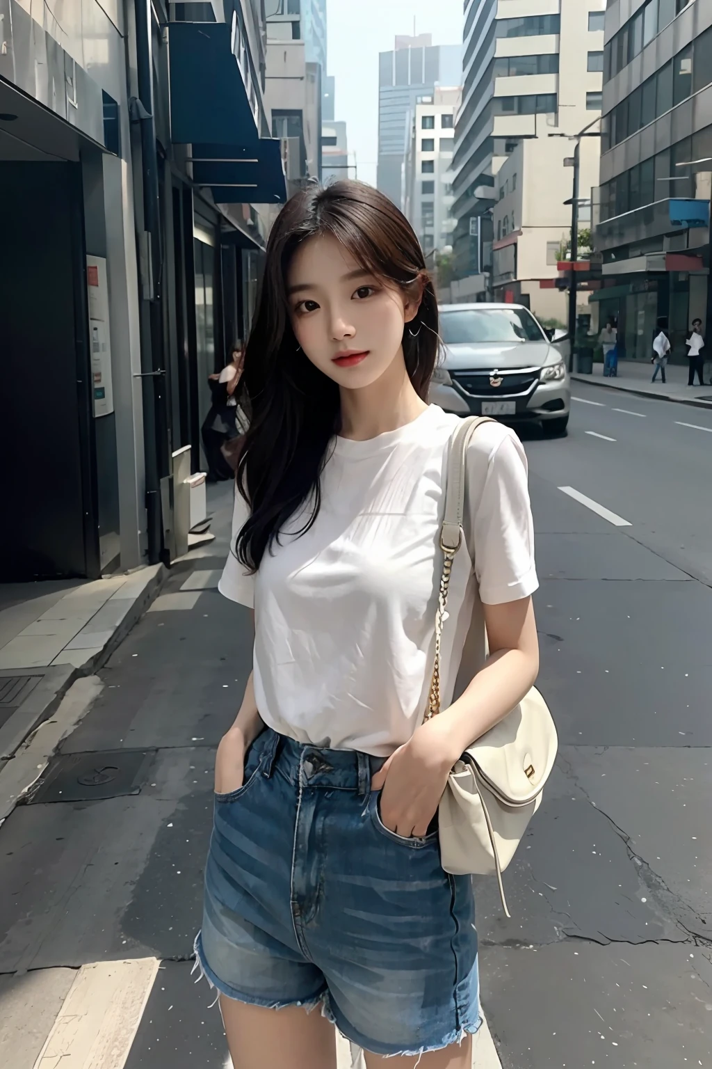 A beautiful woman is standing next to the bus