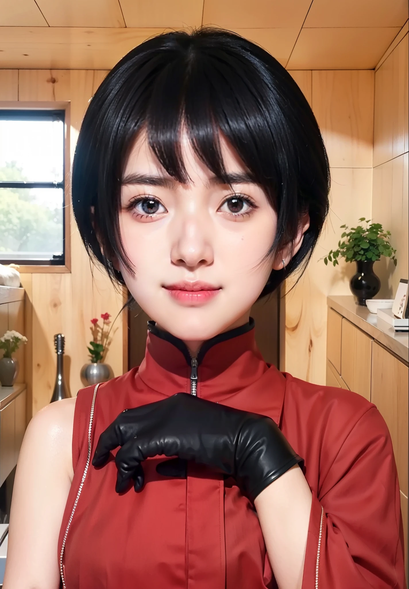 real Life adaption of this character,her name is kurotsuchi from anime boruto ,hyper realistic ,detailed short black hair , high resolution, photorealistic,very detailed,realistic outfit,Japanese teen very cute face with small nose and smiling expression,detailed shining eyes,wear black gloves