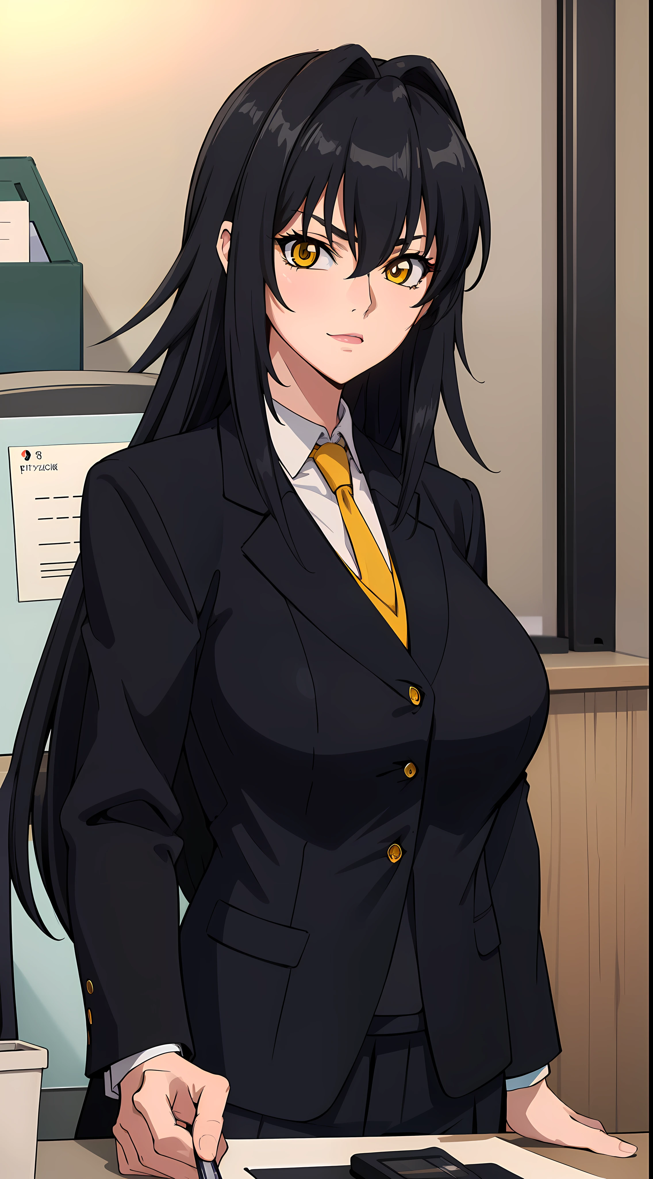 professional artwork, Intricate Details, field of view, sharp focus, detailed painting, photorealistic lighting, trending on pixiv,(masterpiece:1.0),(best_quality:1.0), ultra high res, ultra-detailed, photography, 8K, HDR, highres, absurdres:1.2, Kodak portra 400, film grain, sharp focus, bokeh:1.2, lens flare, (vibrant_color:1.2), (((indoors, dark night district))), Annerose, 1girl, female mature, ((long hair, black hair:1.4)), (yellow eyes), large breasts, ((formal clothes, office suit:1.4)), soft skin, hair intakes, (solo:1.4), (upper body, half body shot), confident, energetic