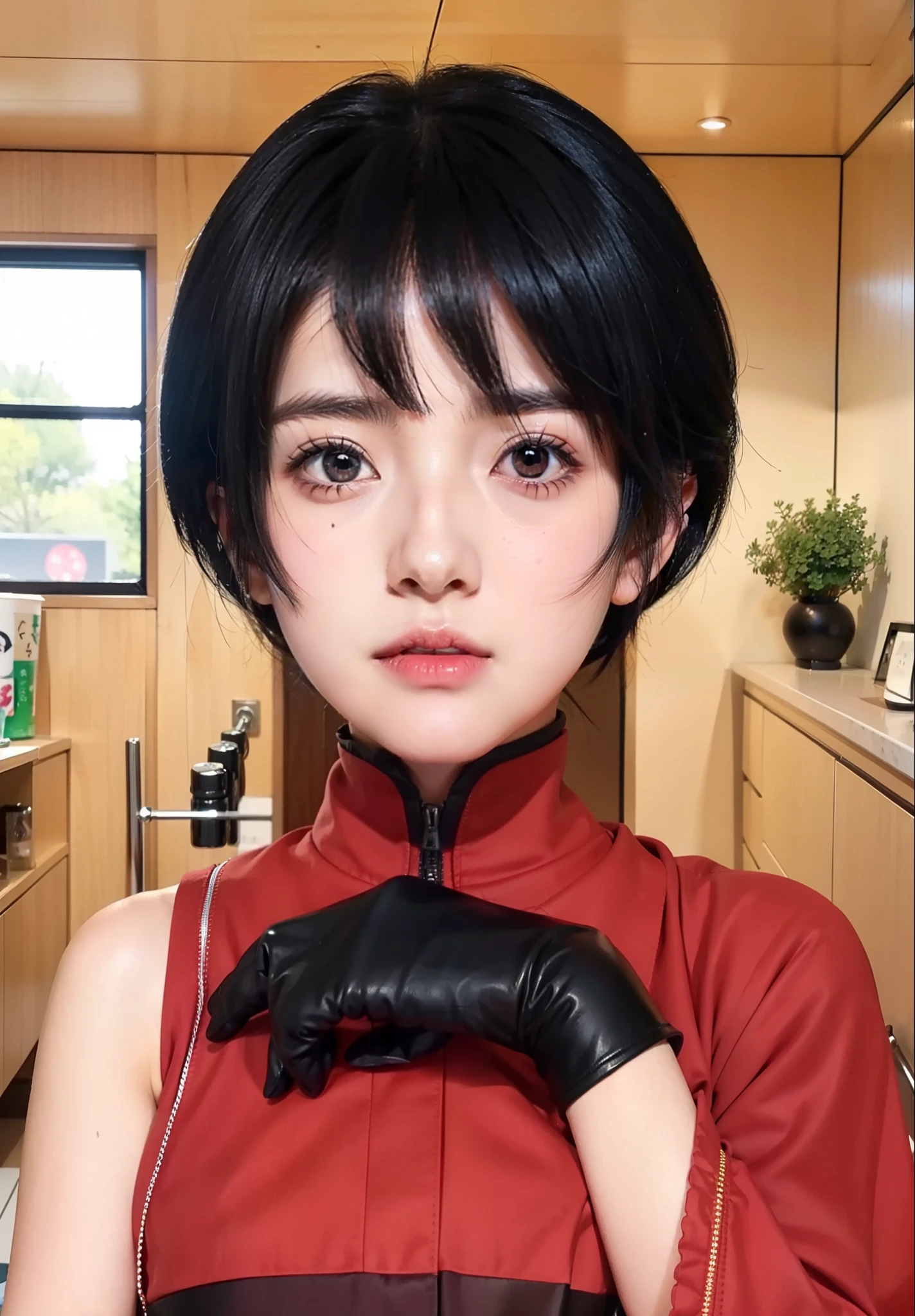 real Life adaption of this character,her name is kurotsuchi from anime boruto ,hyper realistic ,detailed short black hair , high resolution, photorealistic,very detailed,realistic outfit,Japanese teen very cute face with small nose ,detailed shining eyes,wear black gloves,