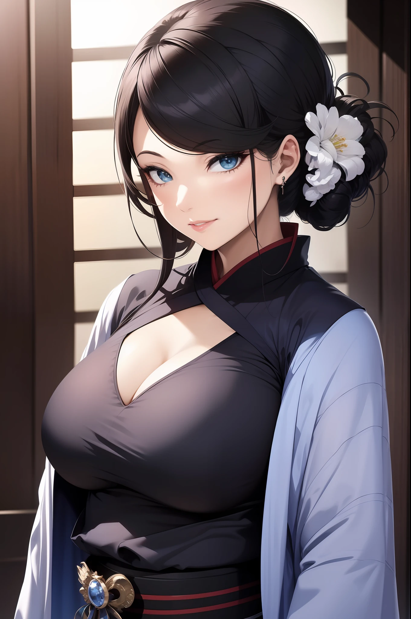 1womanl,Dark blue clothes,tmasterpiece,Close-up shot,looks into camera,Be red in the face,ssmile, detailed finger, beautiful hand, 1womanl, brunette color hair: 1.1, Super detailed face, Detailed lips, Detailed eyes, 二重まぶた,full body1:1,little breast,Dark clothes,komono