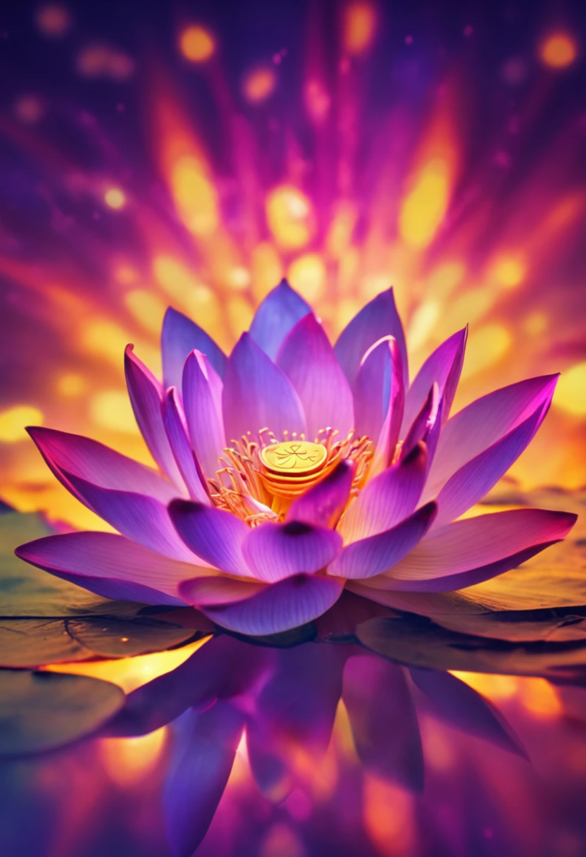 Super detailed lotus flower with iridescent petals in rainbow colors, with a golden aura around him and with a very bright divine light descending from the sky, References to Buddhism, High Definition Image, detalhamento alto e estilo fotorrealismo. Imagem com pelo menos 300 dpi, UHD 8k