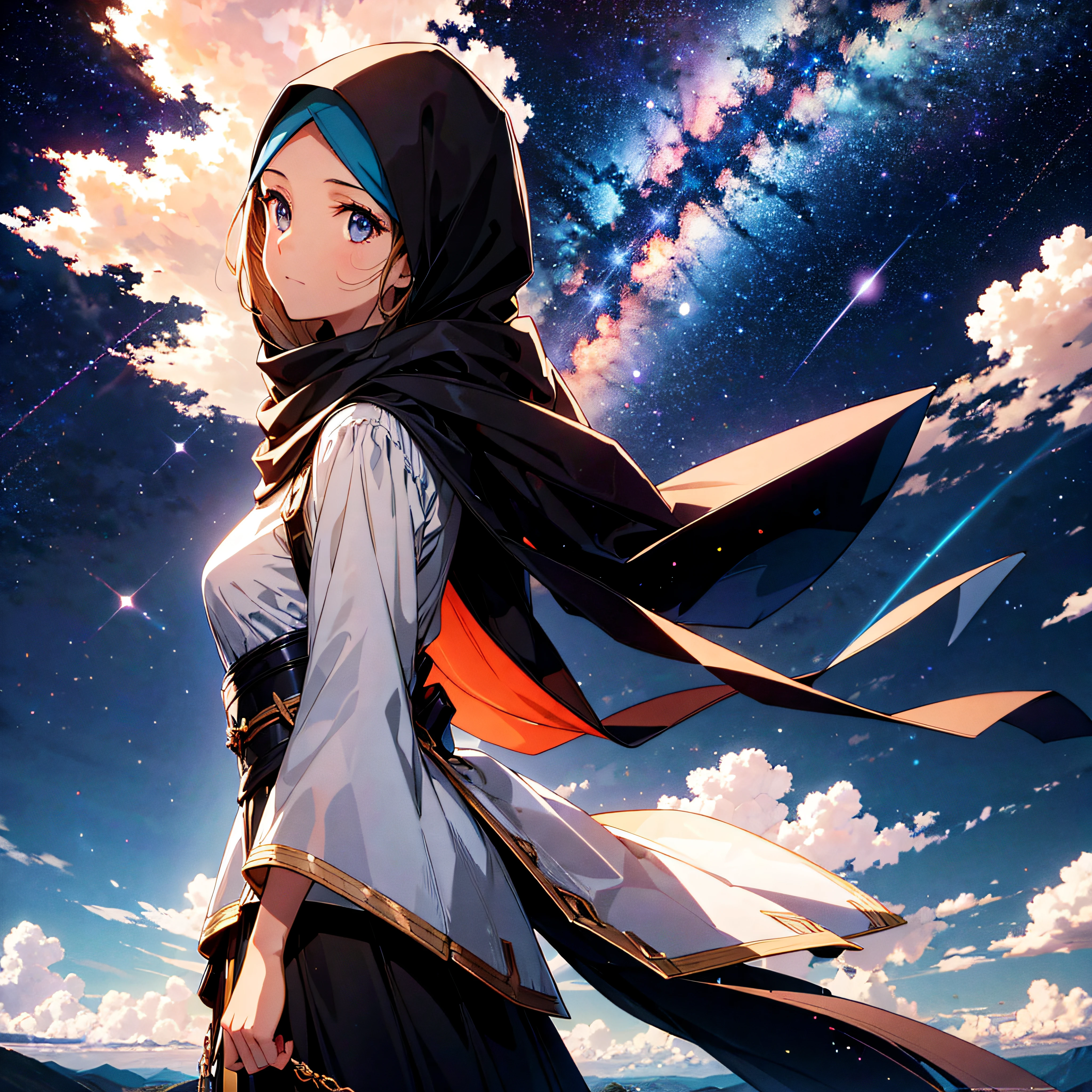 absurdres, highres, (official art, beautiful and aesthetic:1.2), close view,
1girl, shining sky, vast world, gazing, awe-inspiring expression, distant horizon, clouds, high hill, natural beauty, inspiration, night sky, Shining Stars, black hijab, amazing, masterpiece.