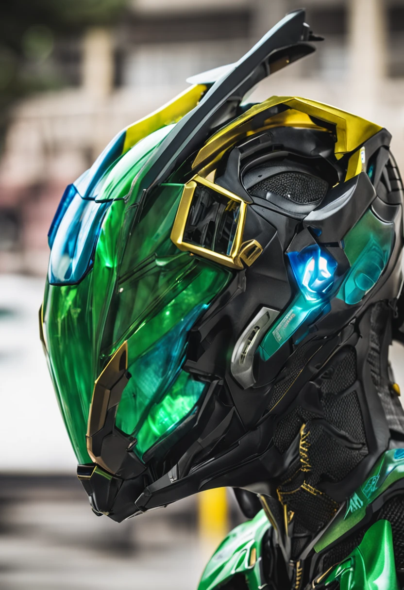 Um batman verde, amarelo e azul, brasileiro, realistic in a titanium cybernetic suit, detalhado, designe perfeito, alta qualidade arestas perfeitas e simetricas  ::n_desenho de estilo, Low-quality imperfection, boneco, jogo, anime