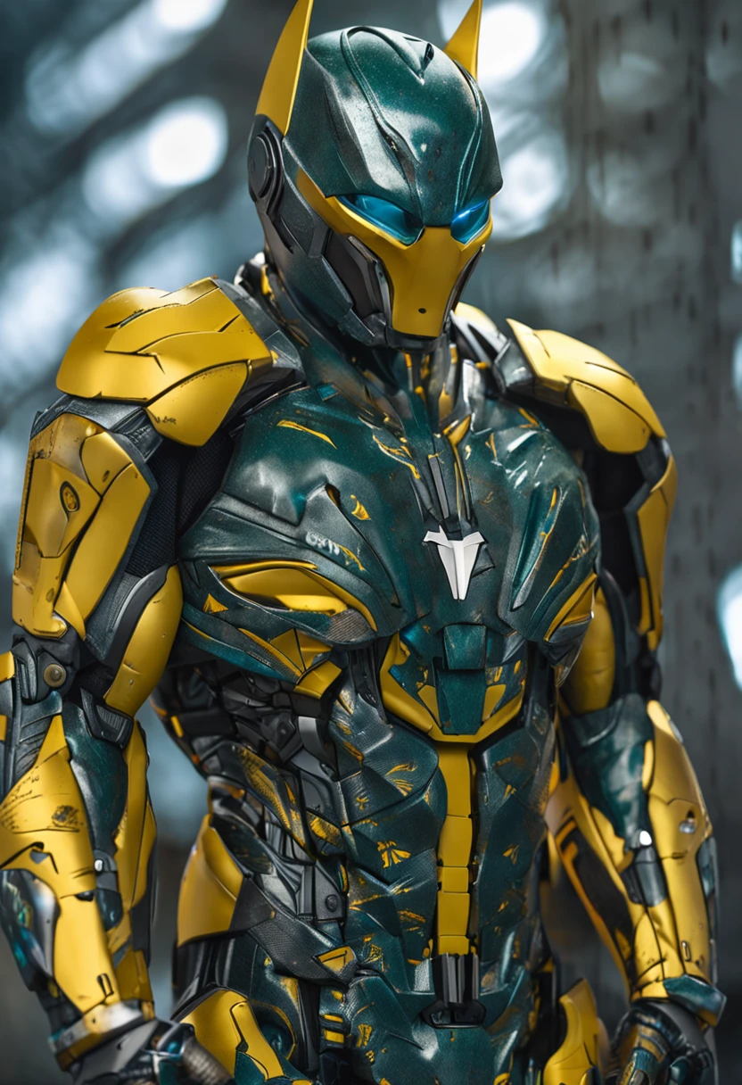 Um batman verde, amarelo e azul, brasileiro, realistic in a titanium cybernetic suit, detalhado, designe perfeito, alta qualidade arestas perfeitas e simetricas ::n_desenho de estilo, Low-quality imperfection, boneco, jogo, anime