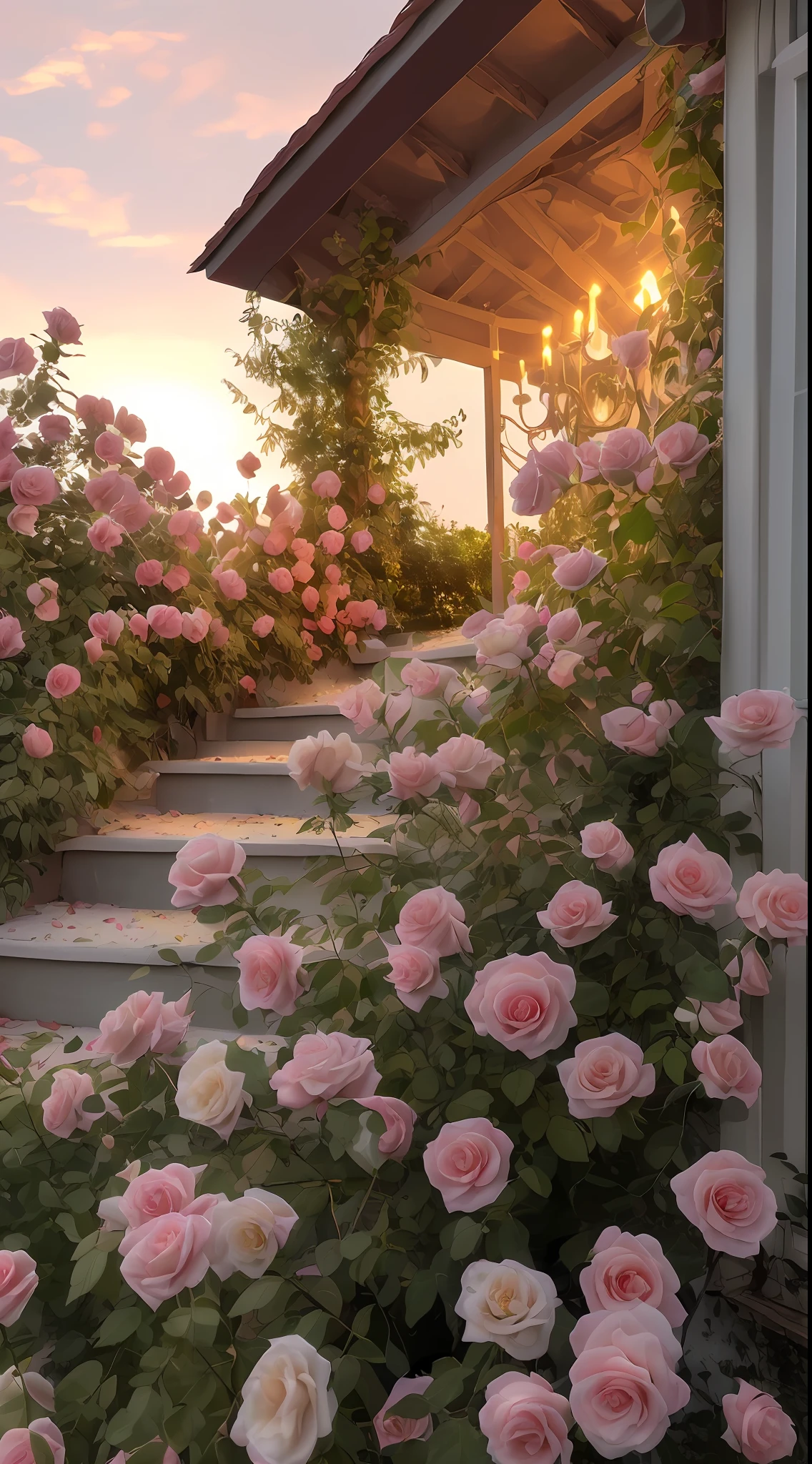 A bush of pink roses outside the house, beautiful and aesthetic, soft pink, beautiful aesthetic, roses in movie lights, lush flowers outdoors, nature and floral aesthetics, rose garden, roses, portal made of roses, beautiful images, roses, fantastic aesthetics, in a cottage core garden, pink golden hour, (masterpiece:1.6, best quality), (fine detailed beautiful eyes: 1.2), (extremely detailed CG unity 8k wallpaper, masterpiece , super detailed, best shadows), (detailed background), high contrast, (best lighting, extremely delicate and beautiful), ((color paint splatter on transparent background, Dulux,)), ((caustics) ), dynamic angles, beautiful detail glow,