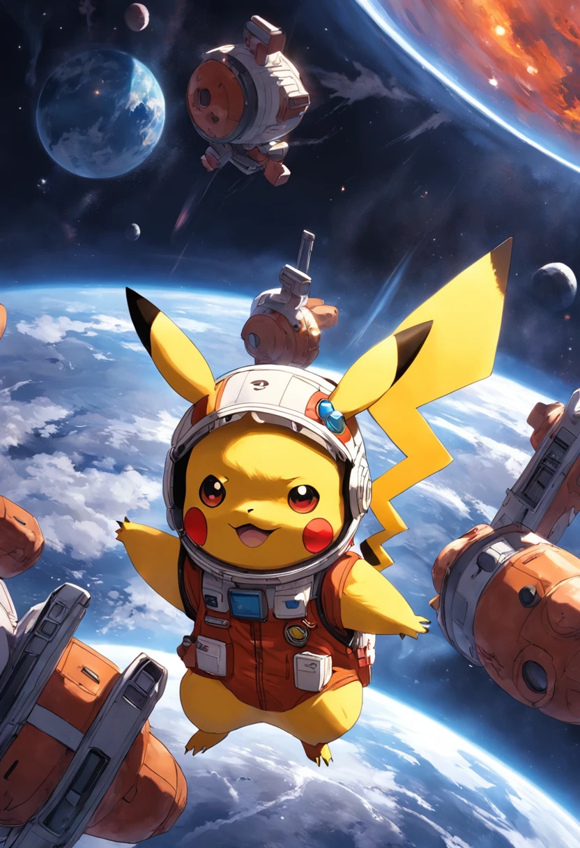Pikachu in astronaut clothes and playful and cute，Lively and agile，Pelos amarelos e macios，Cara vermelha，olhos grandes cintilantes，Orelhas pontudas fofas。(Pikachu:1.5)