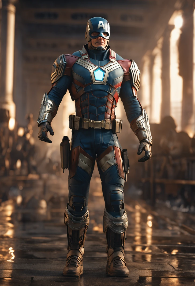 full body shot of captain america in white and gold armour style suit, no mask on, white cape, looking at center camera, perfect composition, beautiful detailed intricate insanely detailed octane render trending on artstation, 8 k artistic photography, photorealistic concept art, soft natural volumetric cinematic perfect light, chiaroscuro, award - winning photograph, masterpiece, oil on canvas, raphael, caravaggio, greg rutkowski, beeple, beksinski, giger, trending on artstation, sharp focus, studio photo, intricate details, highly detailed, night city background, by greg rutkowski