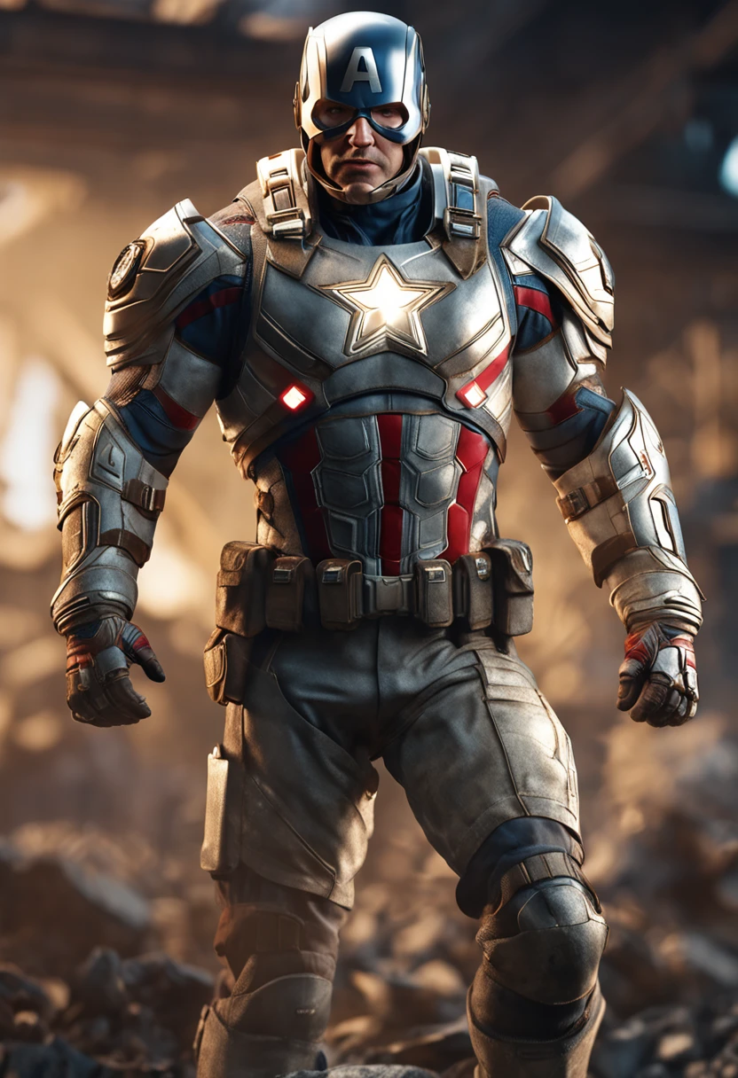 full body shot of captain america  in white and gold armour style suit, no mask on, white cape, looking at center camera, perfect composition, beautiful detailed intricate insanely detailed octane render trending on artstation, 8 k artistic photography, photorealistic concept art, soft natural volumetric cinematic perfect light, chiaroscuro, award - winning photograph, masterpiece, oil on canvas, raphael, caravaggio, greg rutkowski, beeple, beksinski, giger, trending on artstation, sharp focus, studio photo, intricate details, highly detailed, night city background, by greg rutkowski