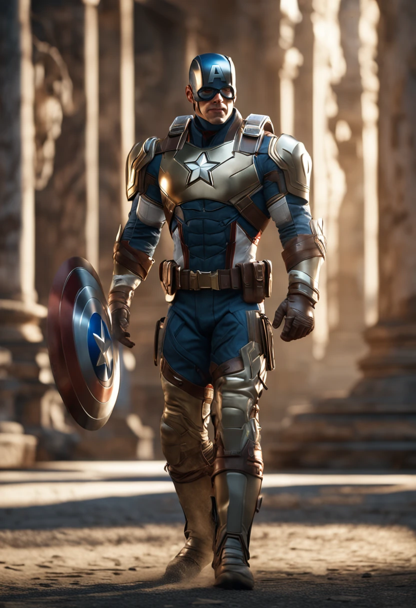 full body shot of captain america in white and gold armour style suit, no mask on, white cape, looking at center camera, perfect composition, beautiful detailed intricate insanely detailed octane render trending on artstation, 8 k artistic photography, photorealistic concept art, soft natural volumetric cinematic perfect light, chiaroscuro, award - winning photograph, masterpiece, oil on canvas, raphael, caravaggio, greg rutkowski, beeple, beksinski, giger, trending on artstation, sharp focus, studio photo, intricate details, highly detailed, night city background, by greg rutkowski