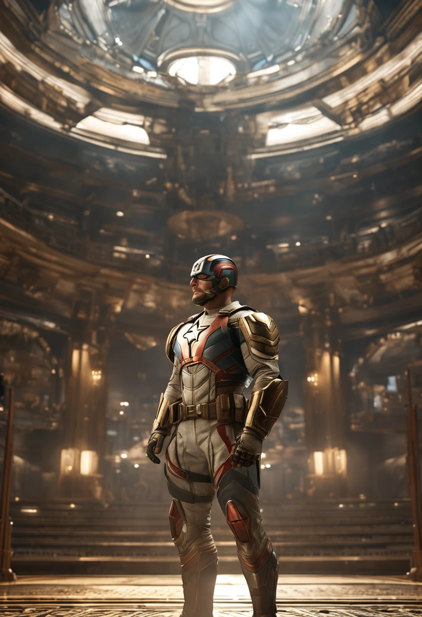 full body shot of captain america in white and gold armour style suit, no mask on, white cape, looking at center camera, perfect composition, beautiful detailed intricate insanely detailed octane render trending on artstation, 8 k artistic photography, photorealistic concept art, soft natural volumetric cinematic perfect light, chiaroscuro, award - winning photograph, masterpiece, oil on canvas, raphael, caravaggio, greg rutkowski, beeple, beksinski, giger, trending on artstation, sharp focus, studio photo, intricate details, highly detailed, night city background, by greg rutkowski