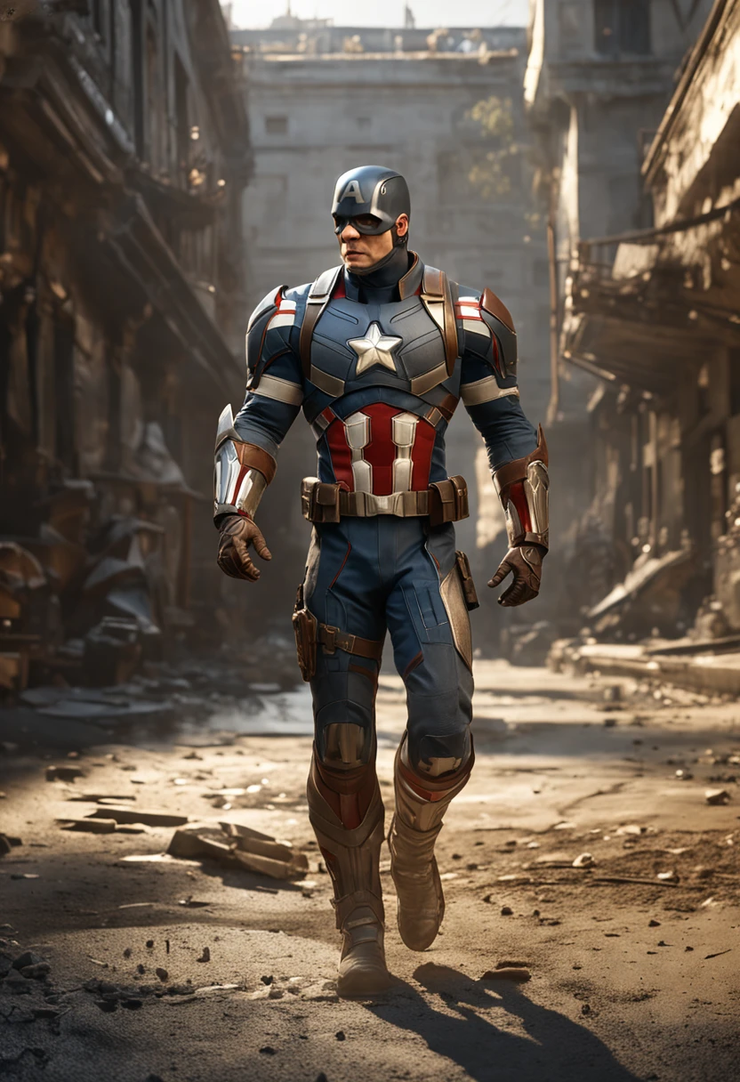 full body shot of captain america  in white and gold armour style suit, no mask on, white cape, looking at center camera, perfect composition, beautiful detailed intricate insanely detailed octane render trending on artstation, 8 k artistic photography, photorealistic concept art, soft natural volumetric cinematic perfect light, chiaroscuro, award - winning photograph, masterpiece, oil on canvas, raphael, caravaggio, greg rutkowski, beeple, beksinski, giger, trending on artstation, sharp focus, studio photo, intricate details, highly detailed, night city background, by greg rutkowski