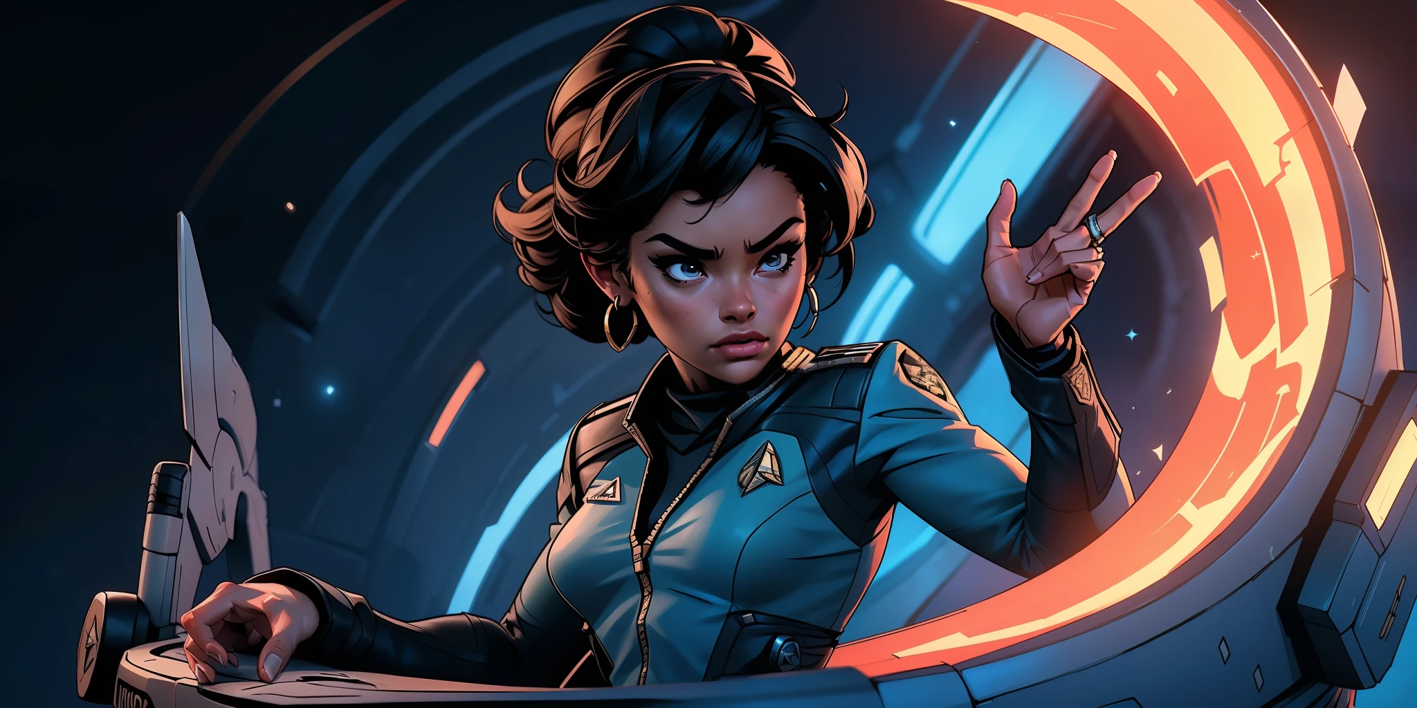 ((Uhura na ponte de comando da uss enterprise, pose natural, sozinho, olhando a tela de voo)), melhor qualidade, obra prima, Ultra Detalhado, rosto bonito, rosto simetrico, detailed hands, well drawn hands, corpo esbelto, corpo proporcional, corpo inteiro, (star trek, ponte de comando da uss enterprise), alta qualidade, 8k, art-station, Pintura digital