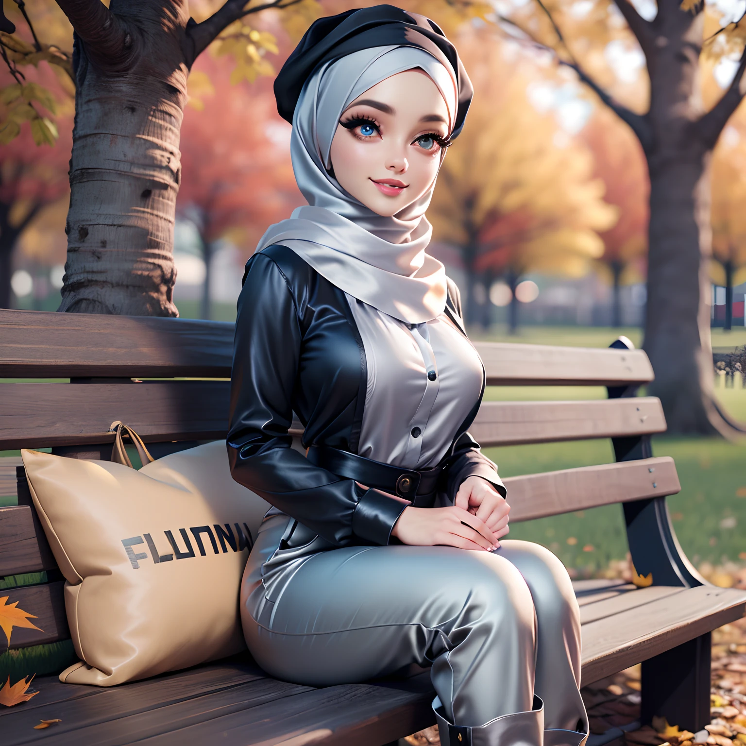 Masterpiece, Best Quality, 3D Rip Artwork, 3DMM Style, Portrait, Realism, a woman beautifully makeup, eyeshadow, Parted Lips, Detailed Eyes, beautiful big eyes, long eye lashes, smile wearing (black satin headscarf), loosely tide hijab style, ((gray satin shirt)), satin long pants, dyllic hat, high cut boots, seating on wood bench in a park, autumn fall