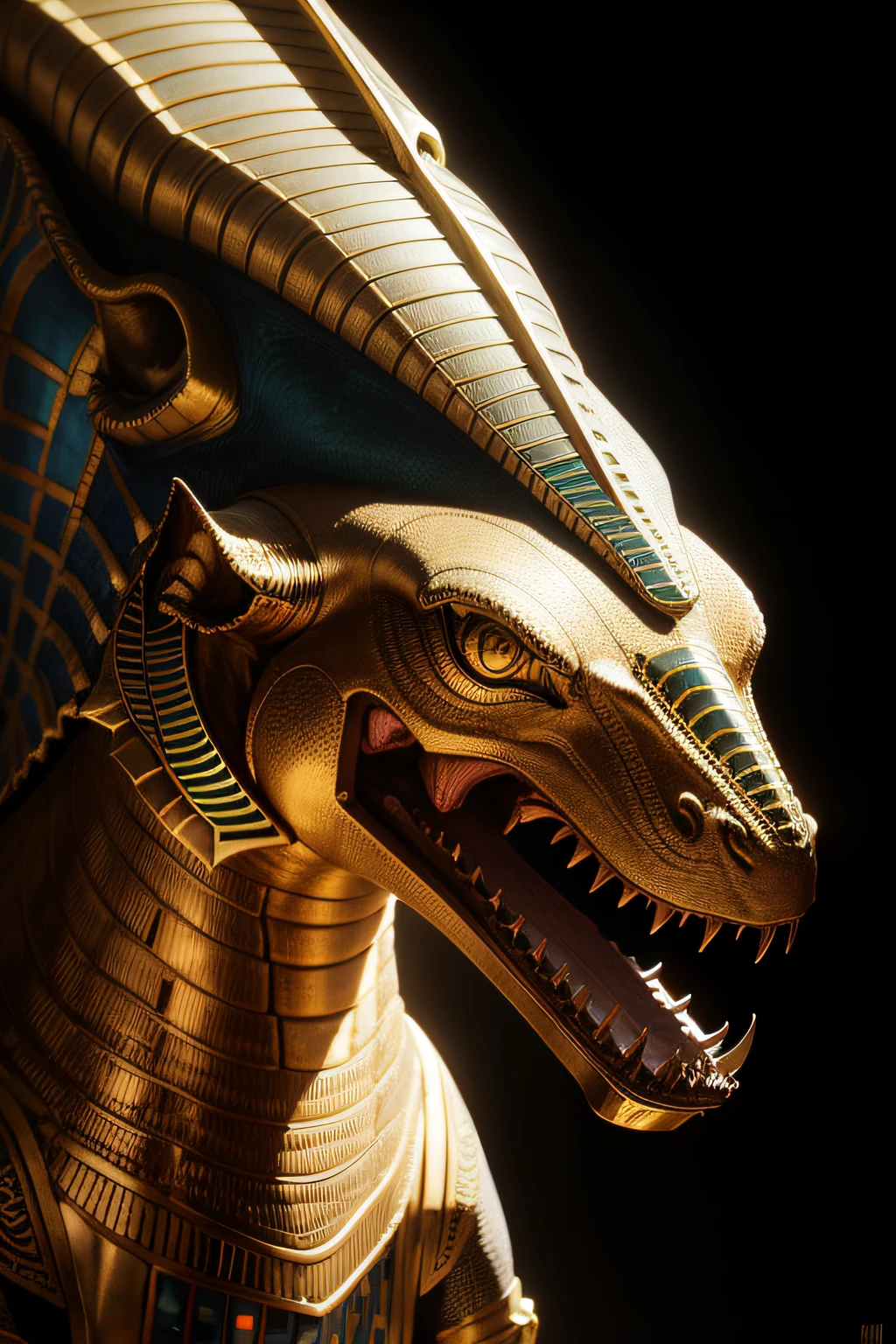 biomachine:1.3, (Egyptian Ammit art:1.2), (colorido:1.2), dourado, ouro, Hans Giger, (zentangle:1.2), granulado, extremamente detalhado, detalhes intrincados, dynamic lighting, fotorrealista, luz natural, baixo h, obra prima, detalhado 8k