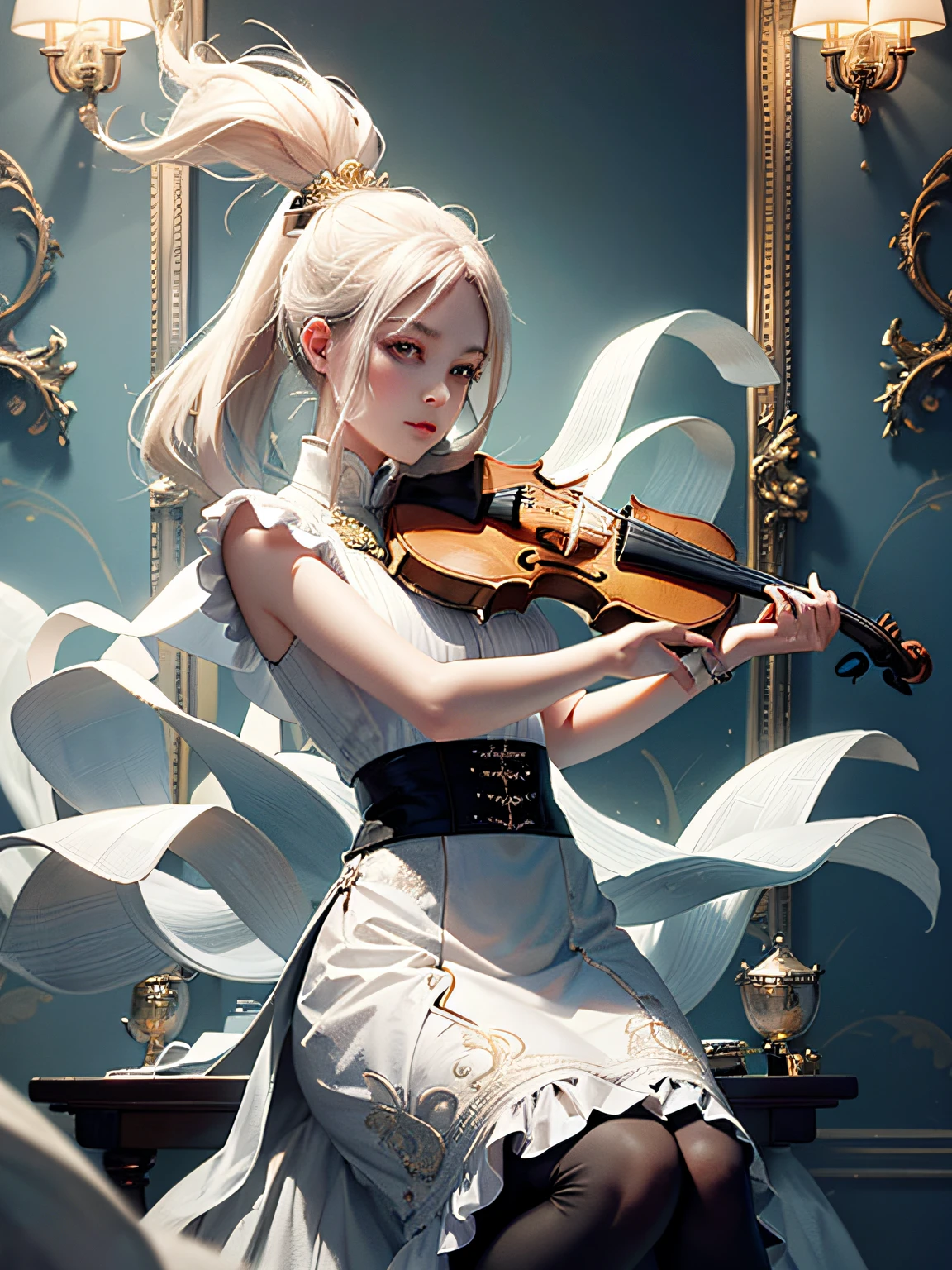 "A violin with a base of white porcelain is depicted in detail,Fine gold details complement the blue Rococo-inspired azulejo design。Black background,Leica SL2 camera with f/2.The 8-aperture captures every subtlety of detail。Use cinematic lighting to highlight the beauty of luxurious décor。Realistic performance in 8K resolution,Balance and visual appeal through rule of thirds composition。"