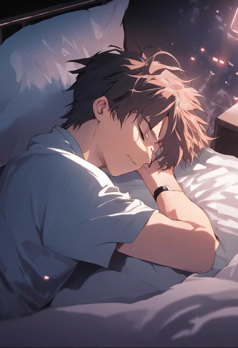 At the head of the bed, A young man lying face down on a pillow looking at his phone，Lying face down on the bed, Put your hands under your head，Sleepy look, relaxing after a hard day, Listen to music at 2 o'clock.m, resting after a hard fight, laying on bed，Very faded hairstyle, White shirt, Handsome, cool