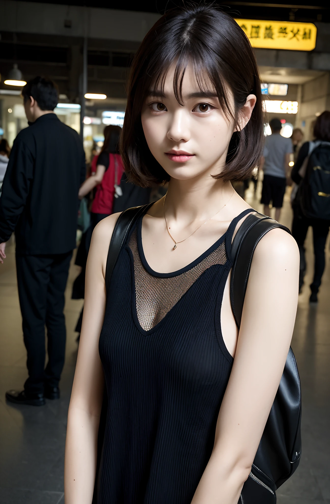 8K、top-quality、masterpiece、超A high resolution、photo-like、SLR、beautiful japanese female、Elegance、There is a good、Gentle face、Beauty of the wind、Moist beauty、short-cut、Keep your bangs neat and tidy、The eyes are far away、Transparent atmosphere、Beautiful face、Raised corners of the mouth、drooing eyes、Tanuki face、wrist watch、a necklace、A bracelet、Gradient lighting、Drop long bangs to the side、Girls and men、Delicate skin、Look into the distance、Brown-eyed、up chest、the shape of the chest is clear,,、very very gigantic boobs、breasts are large、Raw photography、(pureerosface_v1:0.5)、Sheer Mesh Tops、Sheer shirt、Sheer T-shirt、You can see through the inside、Sheer feeling、Stand neck、brack、pleats、Sleeveless、Sleeveless、pleats、Sexy clothes、Sheer feeling、Take your eyes off、subject、Lean、Look here、Ass big、big butts、bbw、In front of Tokyo Station at night、total darkness、deep in the night、City lights、Station Square、Walk、Way back、backpack、Carry your backpack、