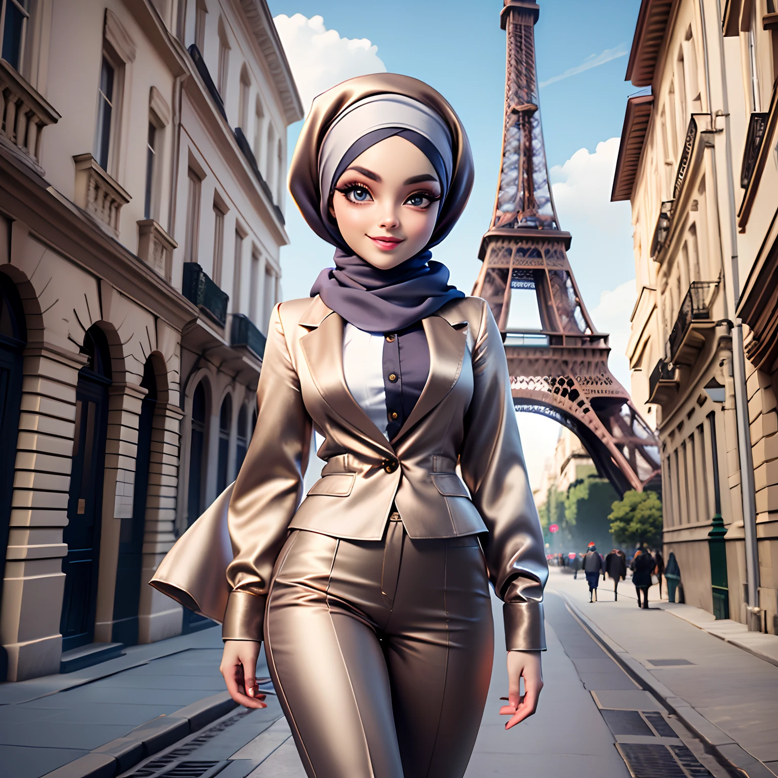 Masterpiece, Best Quality, 3D Rip Artwork, 3DMM Style, Portrait, Realism, a woman beautifully makeup, eyeshadow, Parted Lips, Detailed Eyes, beautiful big eyes, long eye lashes, smile wearing (gray satin headscarf)), loosely tide hijab style, ((brown satin shirt)), satin long pants, long blazer, high cut boots, floppy hats, walking on street, Eiffel tower view
