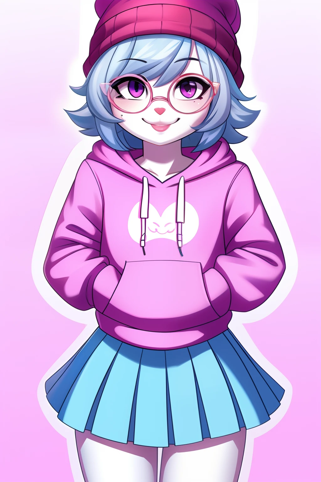 Masterpiece, best quality, 8k, detailed, Femboy, feminine, (light blue hair), fluffy hair, shoulder length hair, (magenta eyes), cute face, full lips, shiny pink lipgloss, glossy lips, sweet smile, round glasses, (white knit beanie), beauty mark, (pink cropped cutout hoodie), (light lavender top), (white short pleated skirt), (grey leggings), pastel shoes, winking at the viewer, mischievous smile, cheeky expression