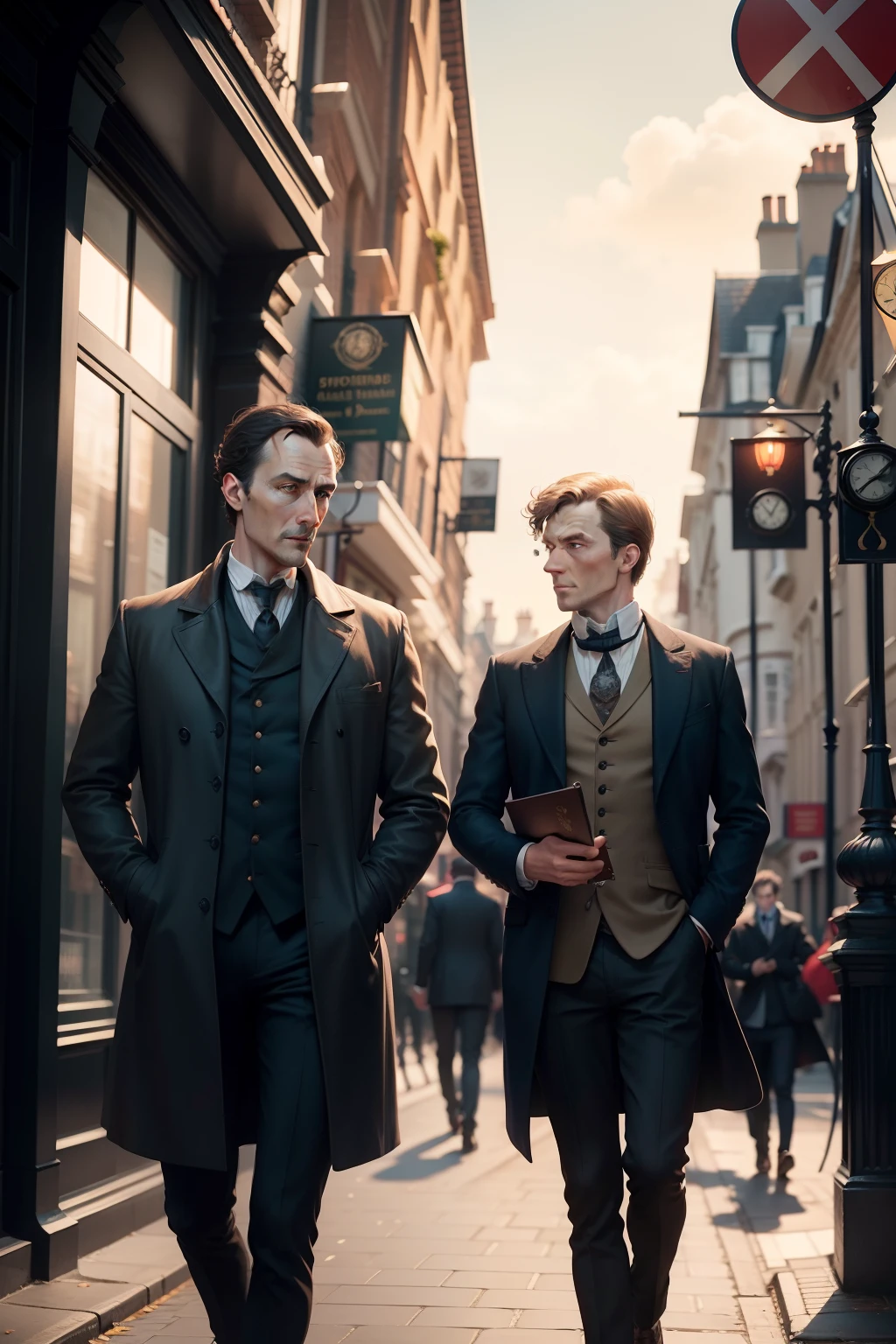 Create an illustration of Sherlock Holmes and Dr Watson through the streets of London
