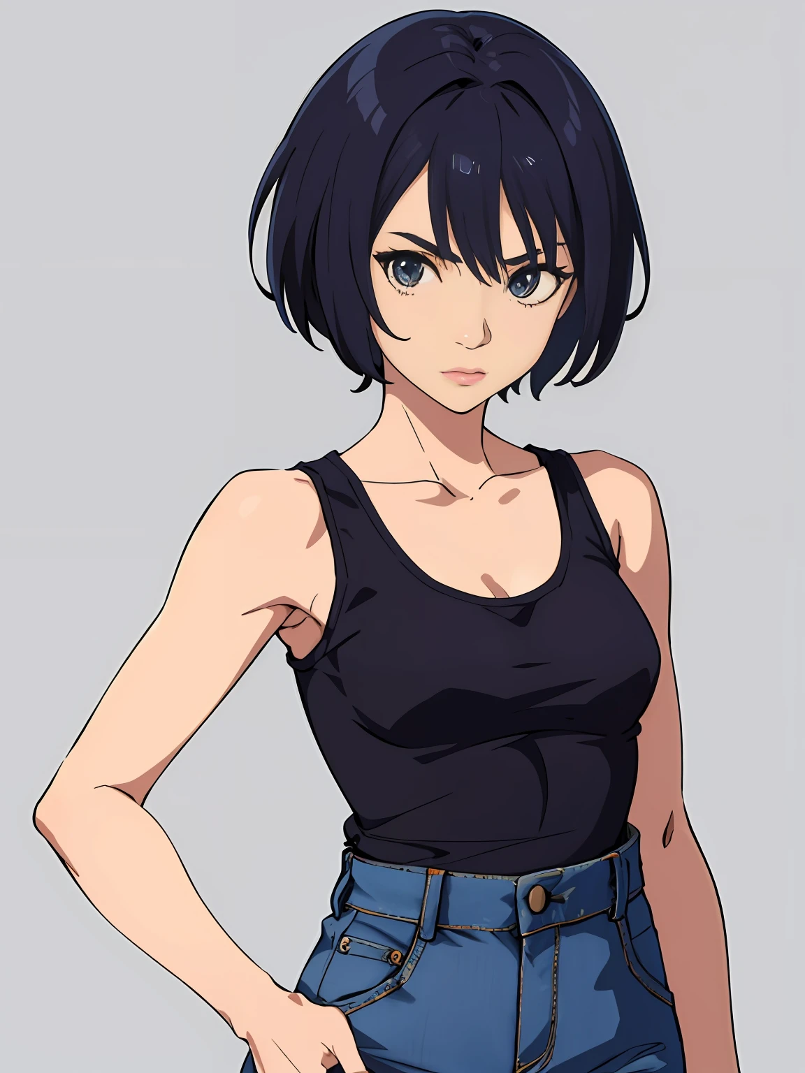 a girl,solo,short hair,tank top,jeans,Simple Background,anime,beautiful,high quality,japan,