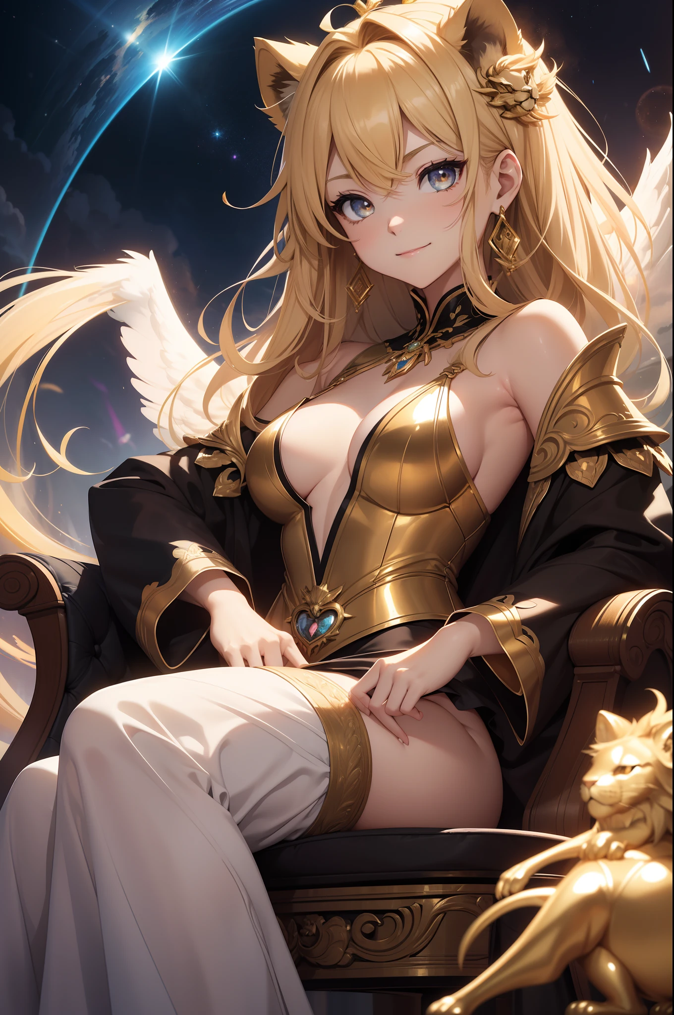 (absurderes、hight resolution、ultra-detailliert、HDR)、masterpiece、top-quality、With an arrogant look、 sitting on the back of a golden lion、独奏、tiny girl、Golden Lion、Giant lion、golden eye、radiant eyes、white robes、Angel wings、archangel、Earrings and Accessories、lare breasts、arrogant face、full bodyesbian、magic vortex、spark of light、whirlpool、Black aura、Dramatic skies、heaven、abstract background、 from side、up looking、evil smile