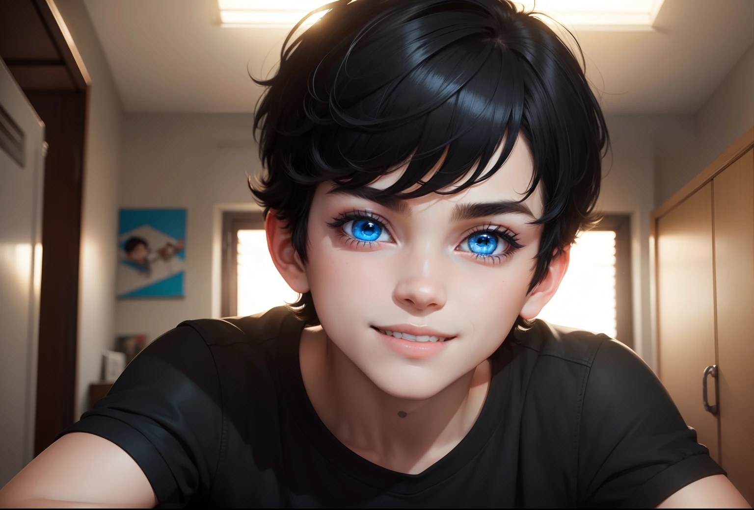 Comic, Boy, Short hair, Black hair, stare, Light smile, Blue eyes