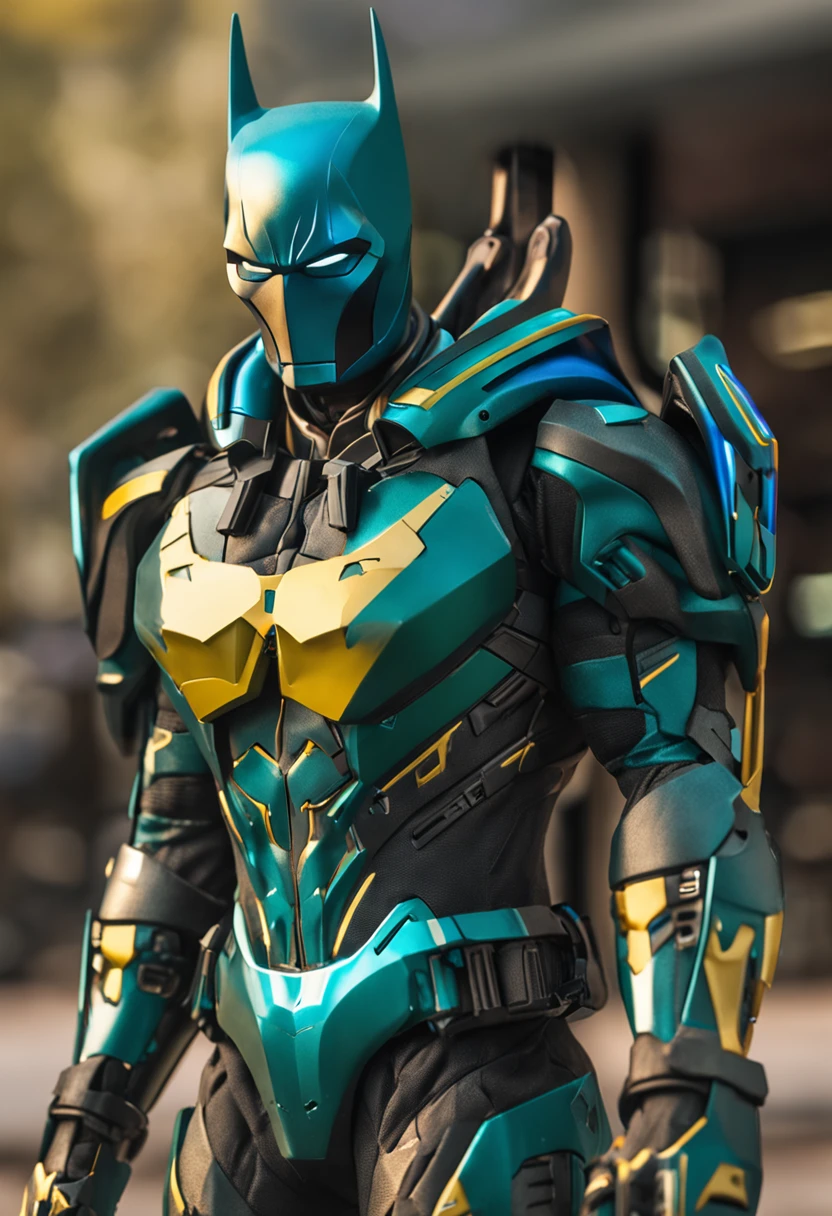 Um batman verde, amarelo e azul, brasileiro, realistic in a titanium cybernetic suit, detalhado, designe perfeito, alta qualidade arestas perfeitas e simetricas ::n_desenho de estilo, Low-quality imperfection, boneco, jogo, anime