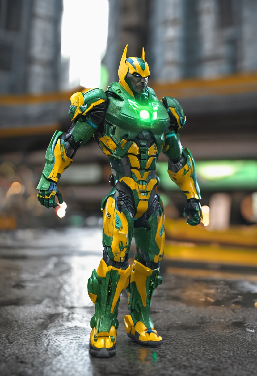 Um batman verde, amarelo e azul, brasileiro, realistic in a titanium cybernetic suit, detalhado, designe perfeito, alta qualidade arestas perfeitas e simetricas  ::n_desenho de estilo, Low-quality imperfection, boneco, jogo, anime