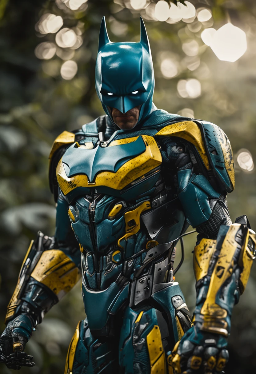 Um batman verde, amarelo e azul, brasileiro, realistic in a titanium cybernetic suit, detalhado, designe perfeito, alta qualidade arestas perfeitas e simetricas  ::n_desenho de estilo, Low-quality imperfection, boneco, jogo, anime